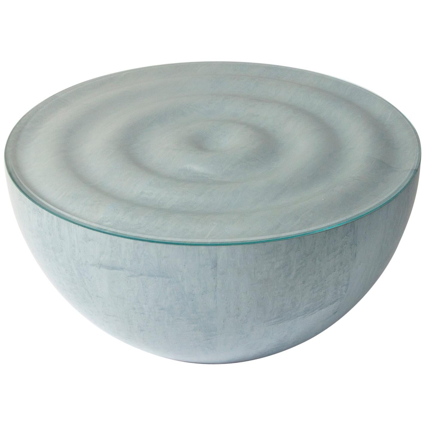 Rippled Coffee Table in Light Blue Bird
s-Eye Maple with glass top For Sale