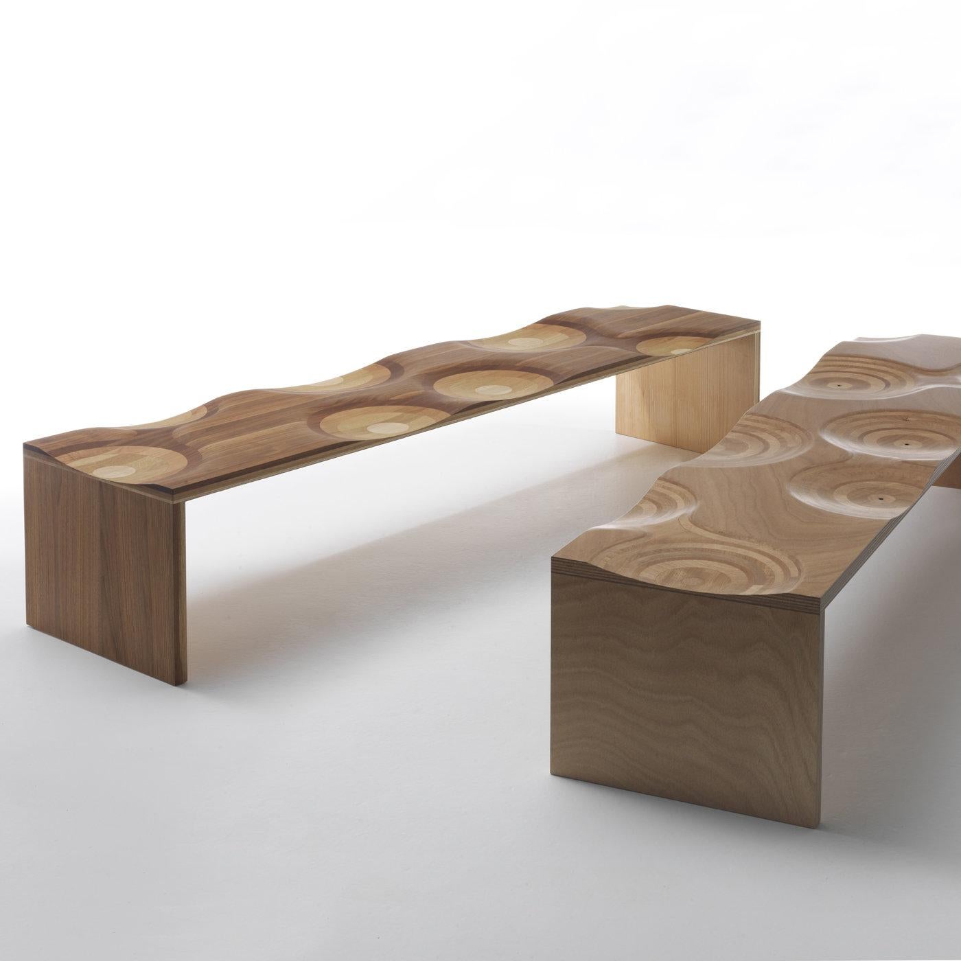 Ripples bench is the winner of the 2004 Golden Compass Award, boasting a unique, sculptural allure. Designed by Toyo Ito, this piece is skillfully crafted of five different types of wood (walnut, mahogany, cherry, oak, and ash), and features a seat