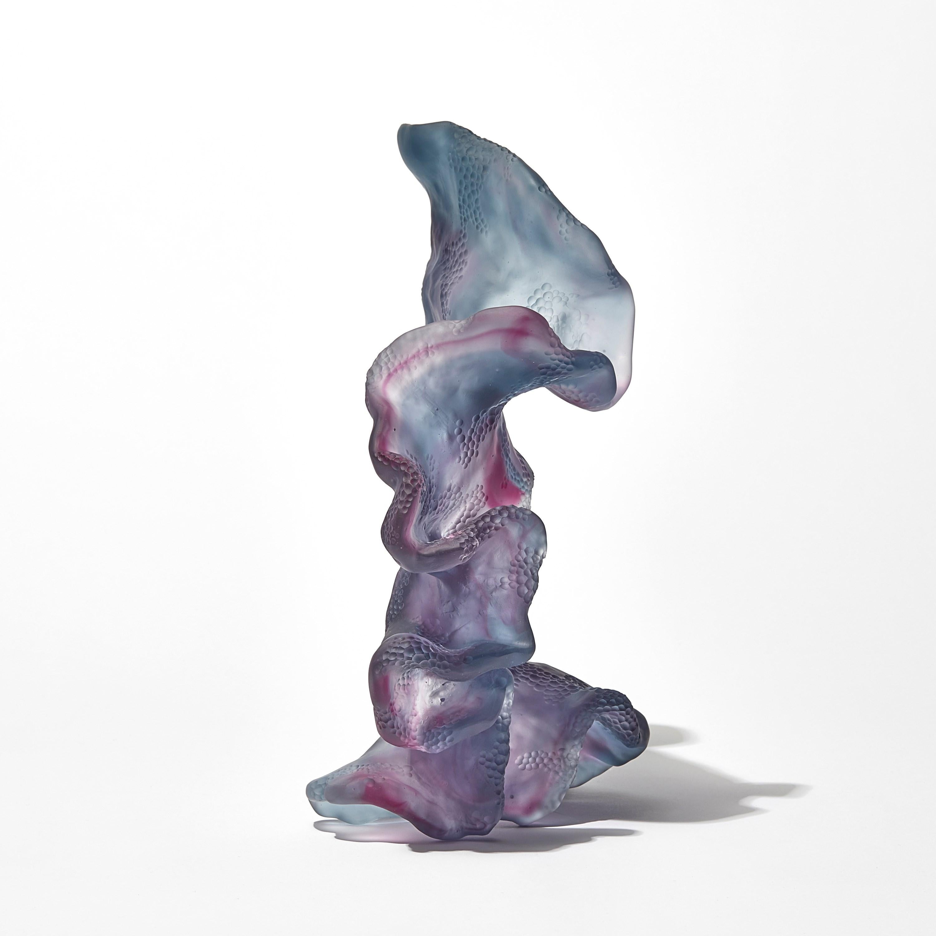 Organic Modern Rippling Transformation, steel blue & pink cast glass artwork by Monette Larsen For Sale