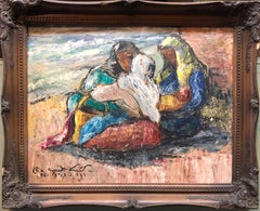Romanian Israeli Modernist Oil Painting Expressionist Figures Mothers and Babies