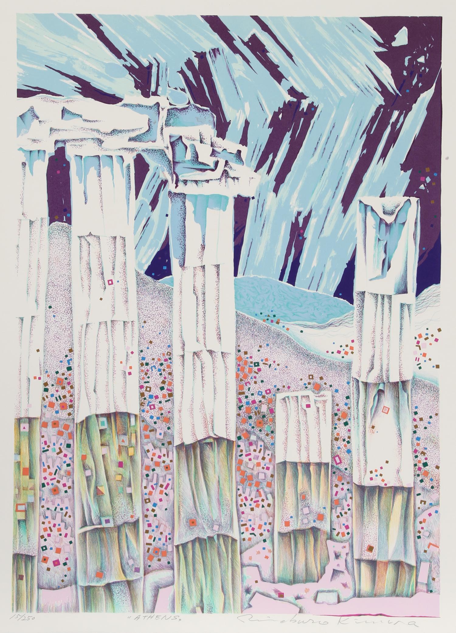Artist: Risaburo Kimura, Japanese (1924 - )
Title: Athens
Year: 1973
Medium: Silkscreen on BFK Rives, Signed, titled and numbered in pencil
Edition: 250, AP 20
Size: 30 in. x 22 in. (76.2 cm x 55.88 cm)

Printer: Shorewood Atelier