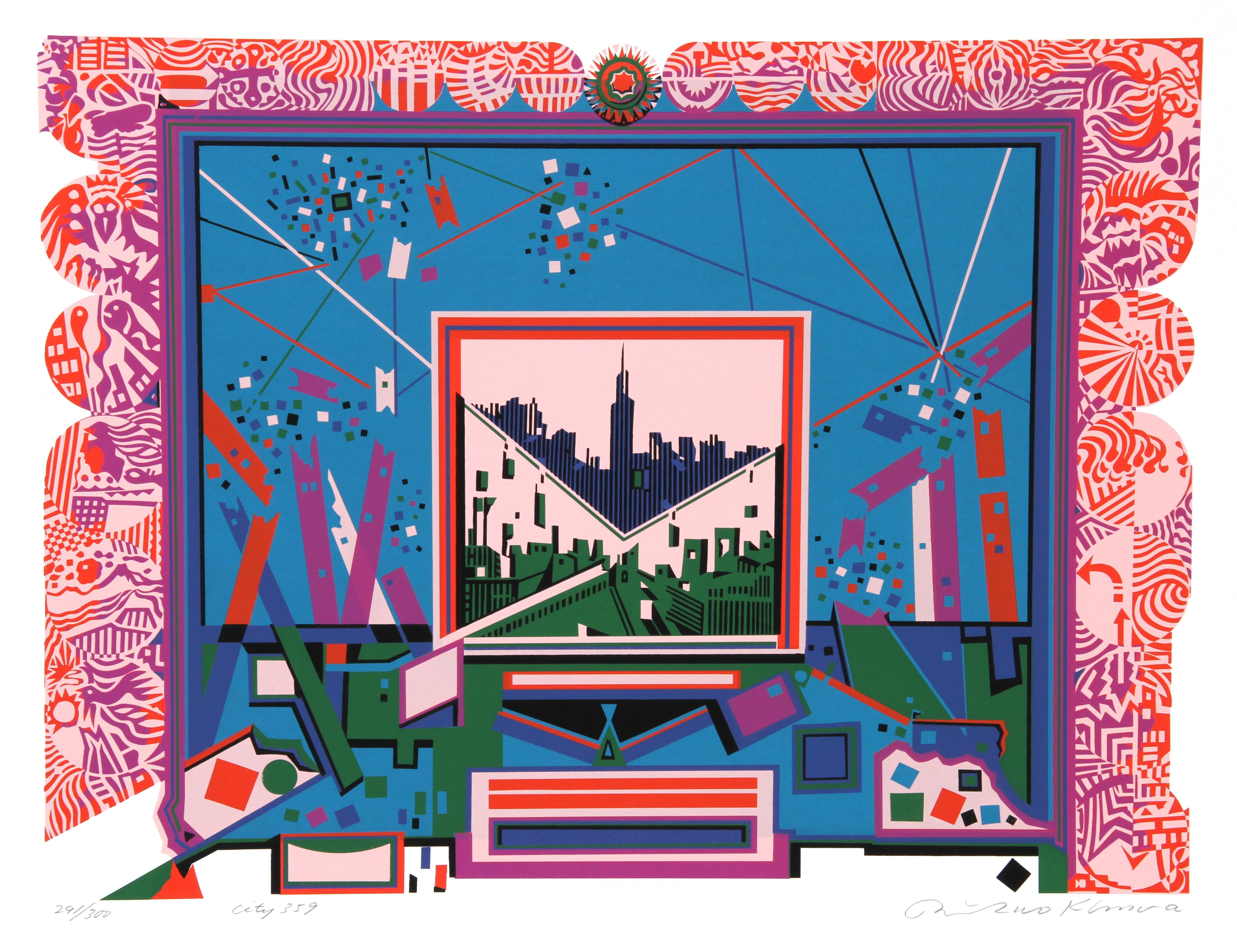 Artista:  Risaburo Kimura, giapponese (1924 - )
Titolo:  Città 359
Anno:  1972 circa
Media:  Serigrafia, firmata e numerata a matita
Edizione:  300
Dimensioni dell'immagine:  19 x 25,5 pollici
Dimensioni:  23 pollici x 29 pollici (58,42 cm x 73,66