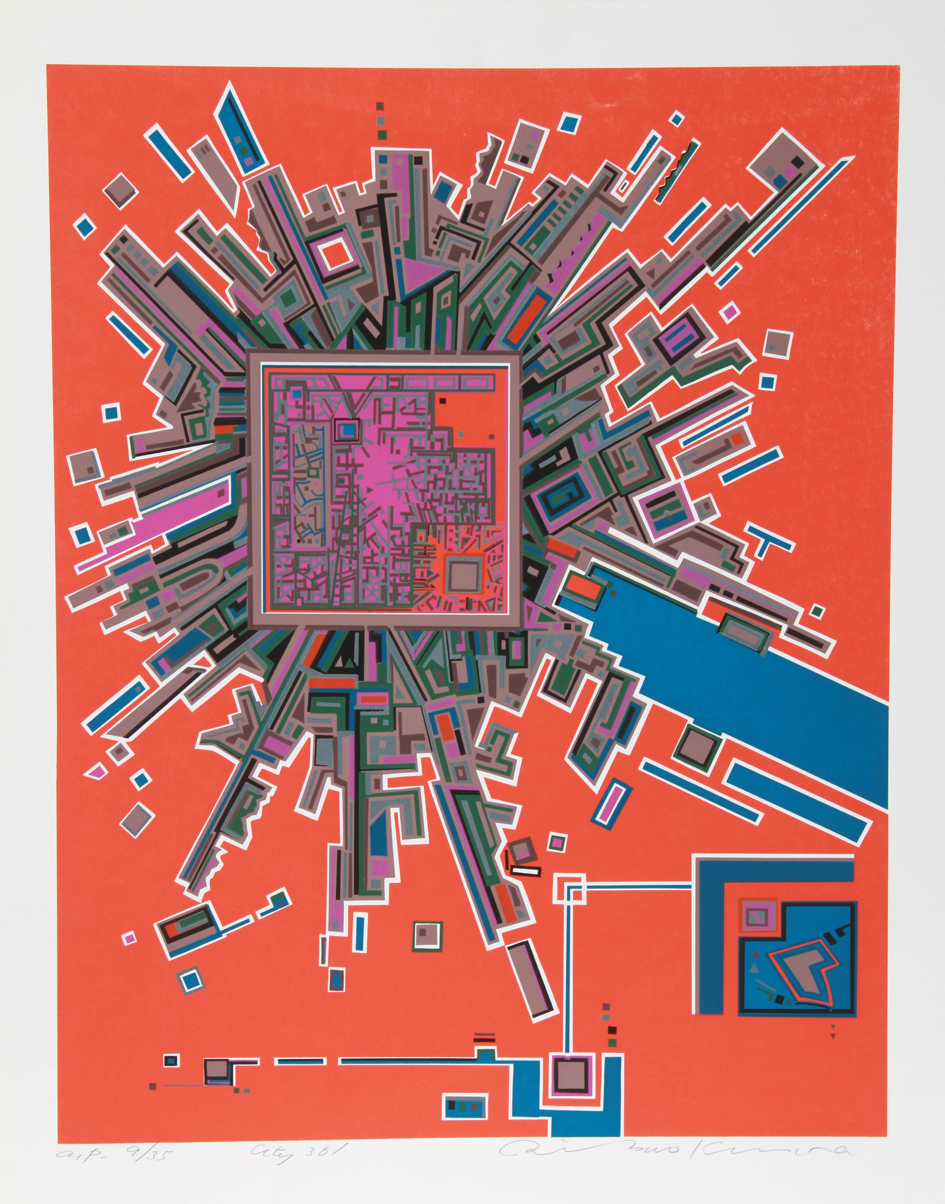 Artist:  Risaburo Kimura, Japanese (1924 - )
Title:  City 361
Year:  1971
Medium:  Serigraph, signed and numbered in pencil
Edition:  300; AP 35
Image Size:  25 x 20 inches
Size:  29 in. x 23 in. (73.66 cm x 58.42 cm)