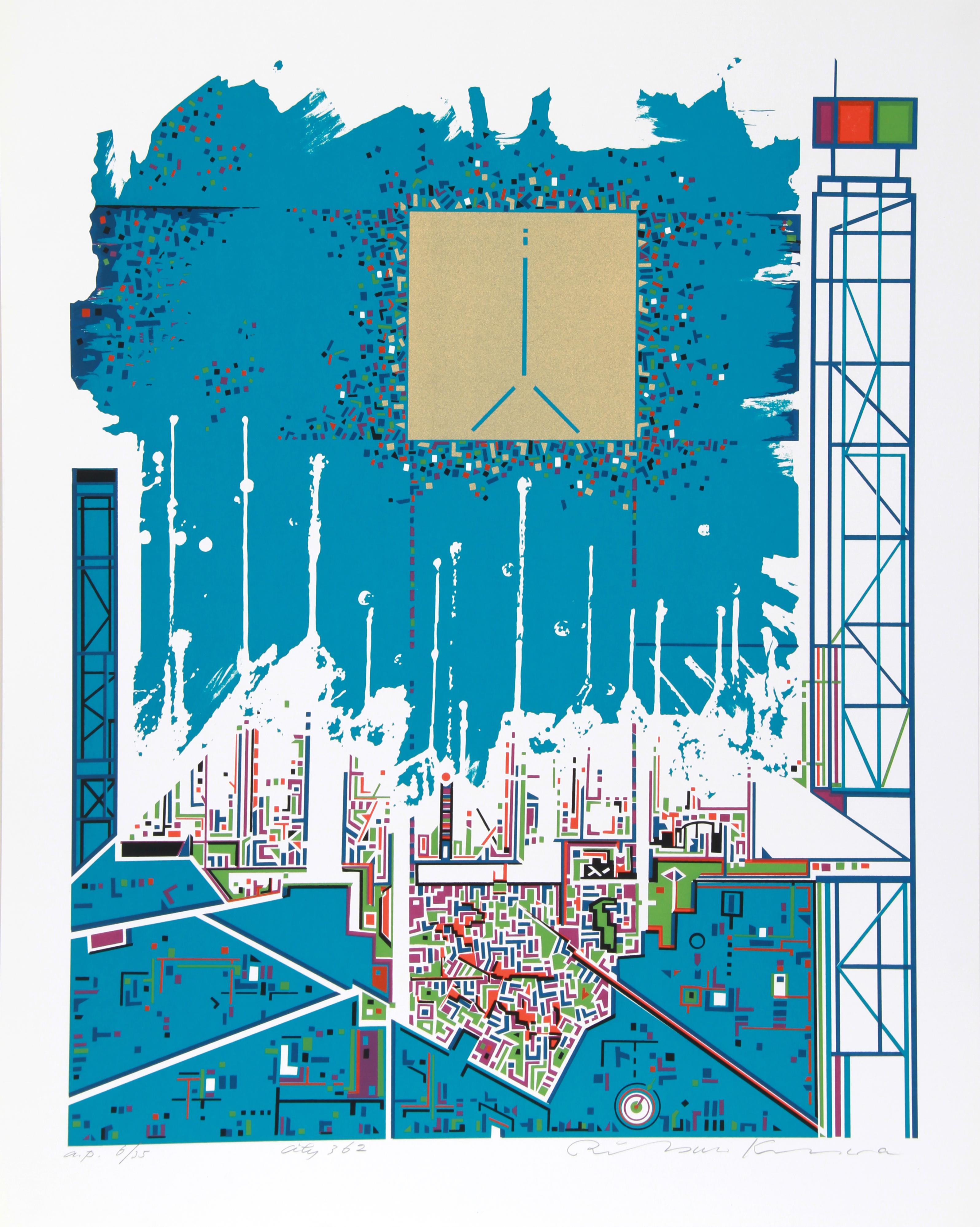 Artist:  Risaburo Kimura, Japanese (1924 - )
Title:  City 362
Year:  1971
Medium:  Serigraph, signed and numbered in pencil
Edition:  AP 35
Image Size:  25 x 20 inches
Size:  29 in. x 23 in. (73.66 cm x 58.42 cm)