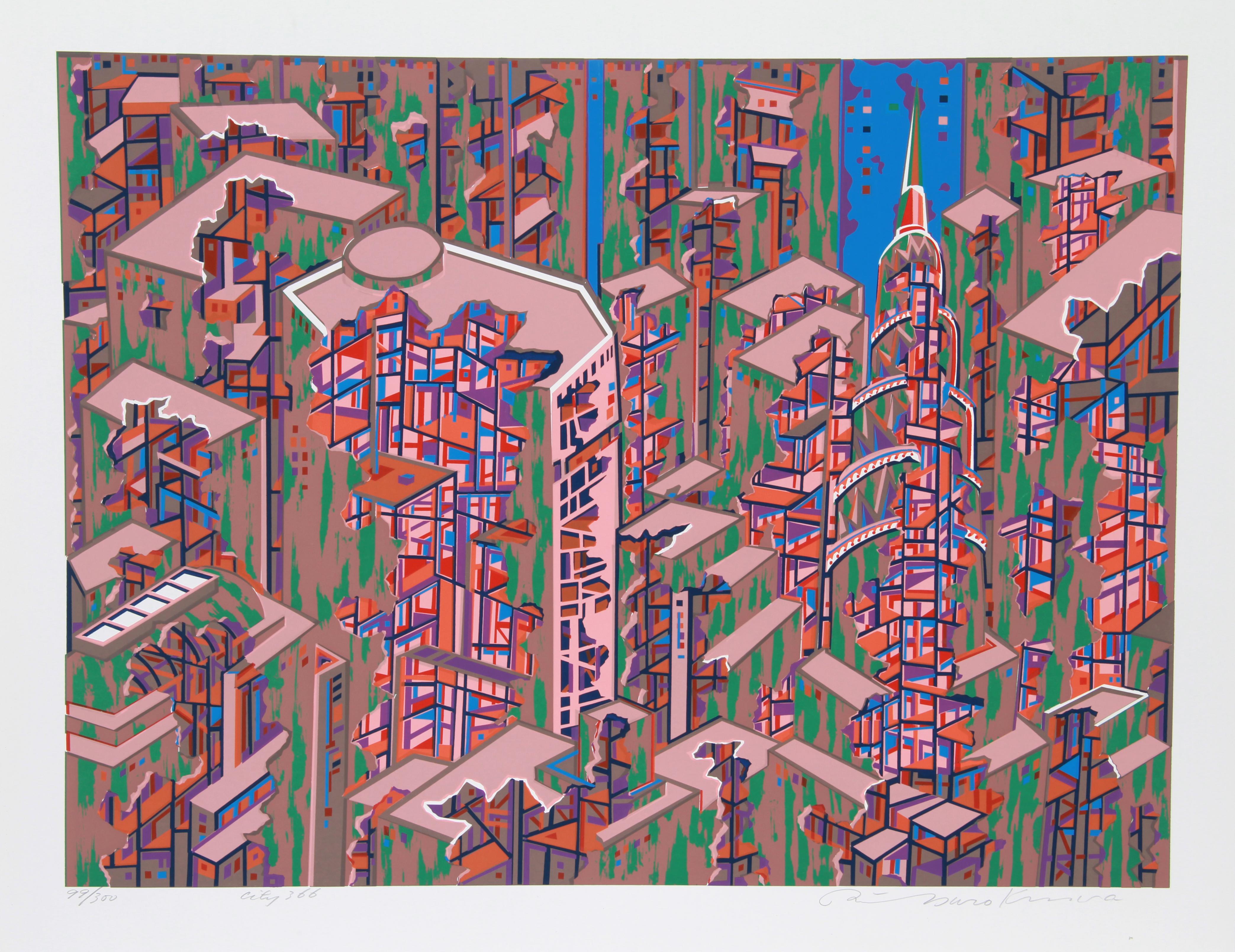 Artiste :  Risaburo Kimura, Japonais (1924 - )
Titre :  Ville 366
Année :  1971
Moyen :  Sérigraphie, signée et numérotée au crayon
Edition :  300
Taille de l'image :  25 x 20 pouces 
Taille :  22.5 in. x 28.5 in. (57,15 cm x 72,39 cm)