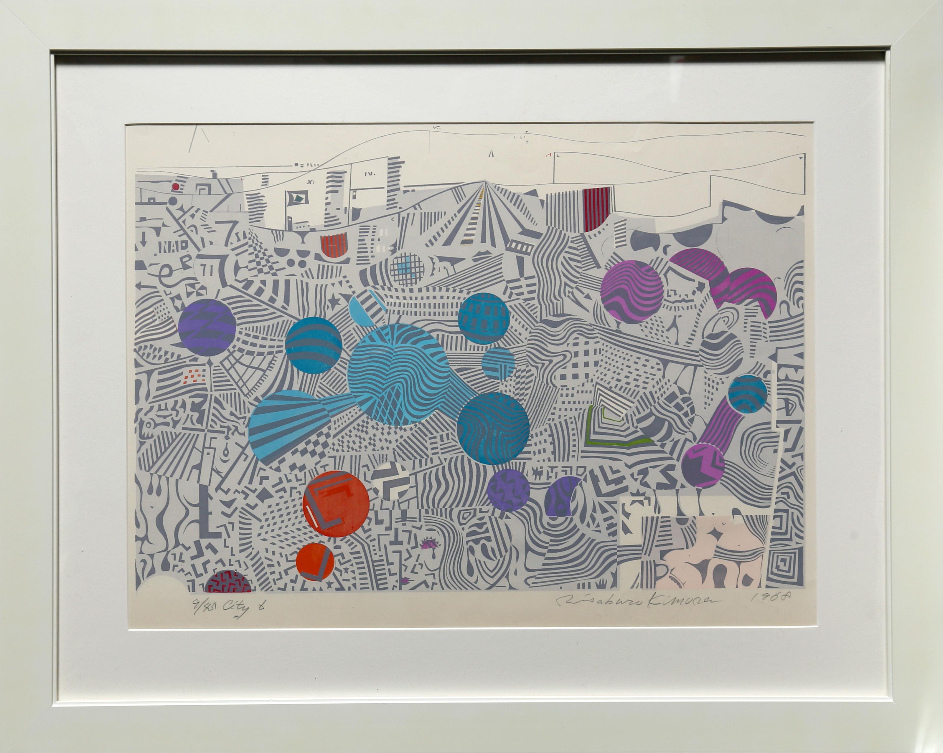 "City 6" is an original 1968 hand-signed and numbered (9/45) screenprint by Risaburo Kimura, Japanese (1924 - 2014), nicely framed. The artist has special affinity for big cities, being born close to Tokyo and later living in New York. In the late