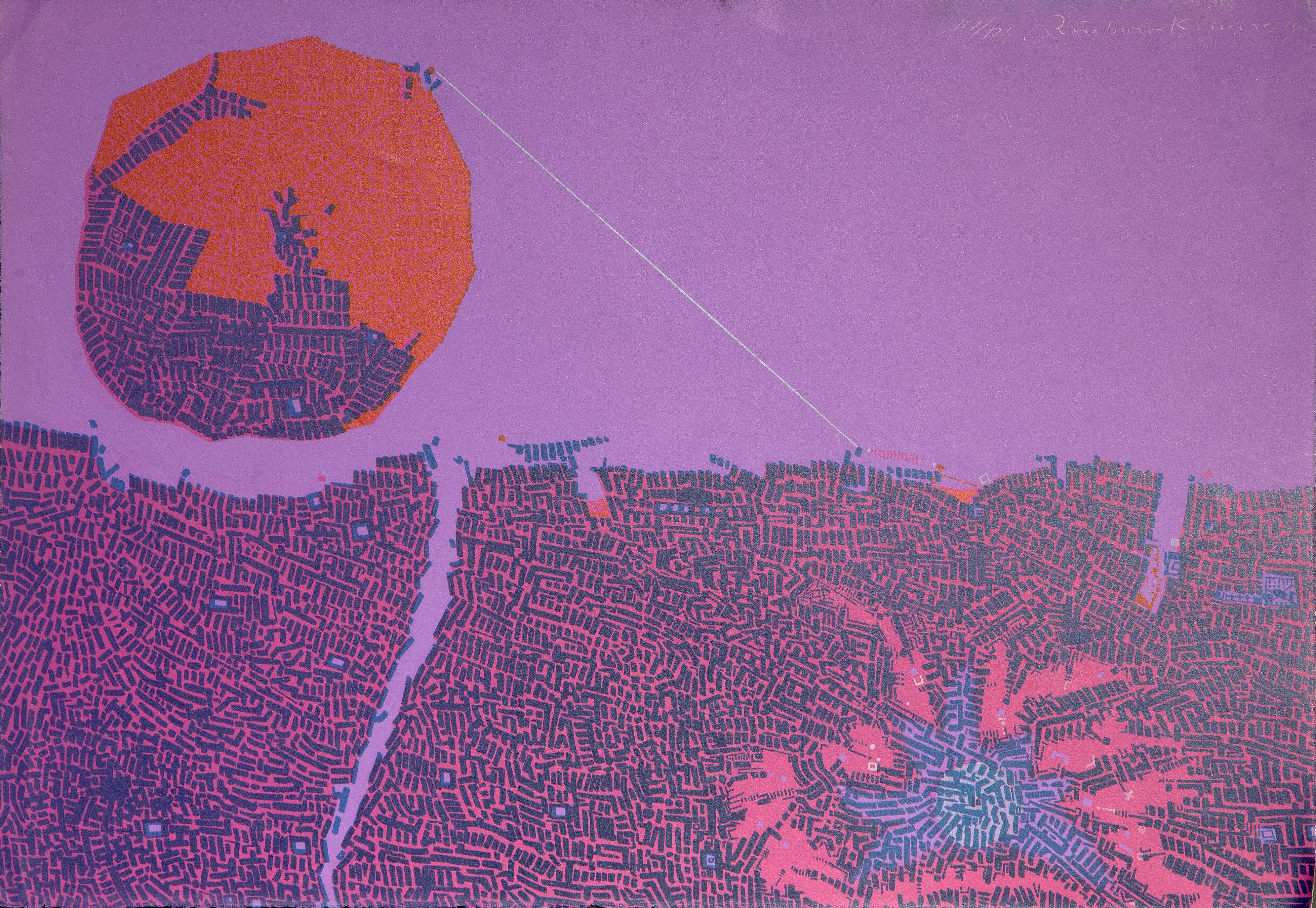 Nachtstadt
Risaburo Kimura, Japaner (1924-2014)
Datum: 1970
Siebdruck, signiert, nummeriert und datiert mit Bleistift
Auflage von 107/120
Größe: 18,5 x 26,5 Zoll (46,99 x 67,31 cm)