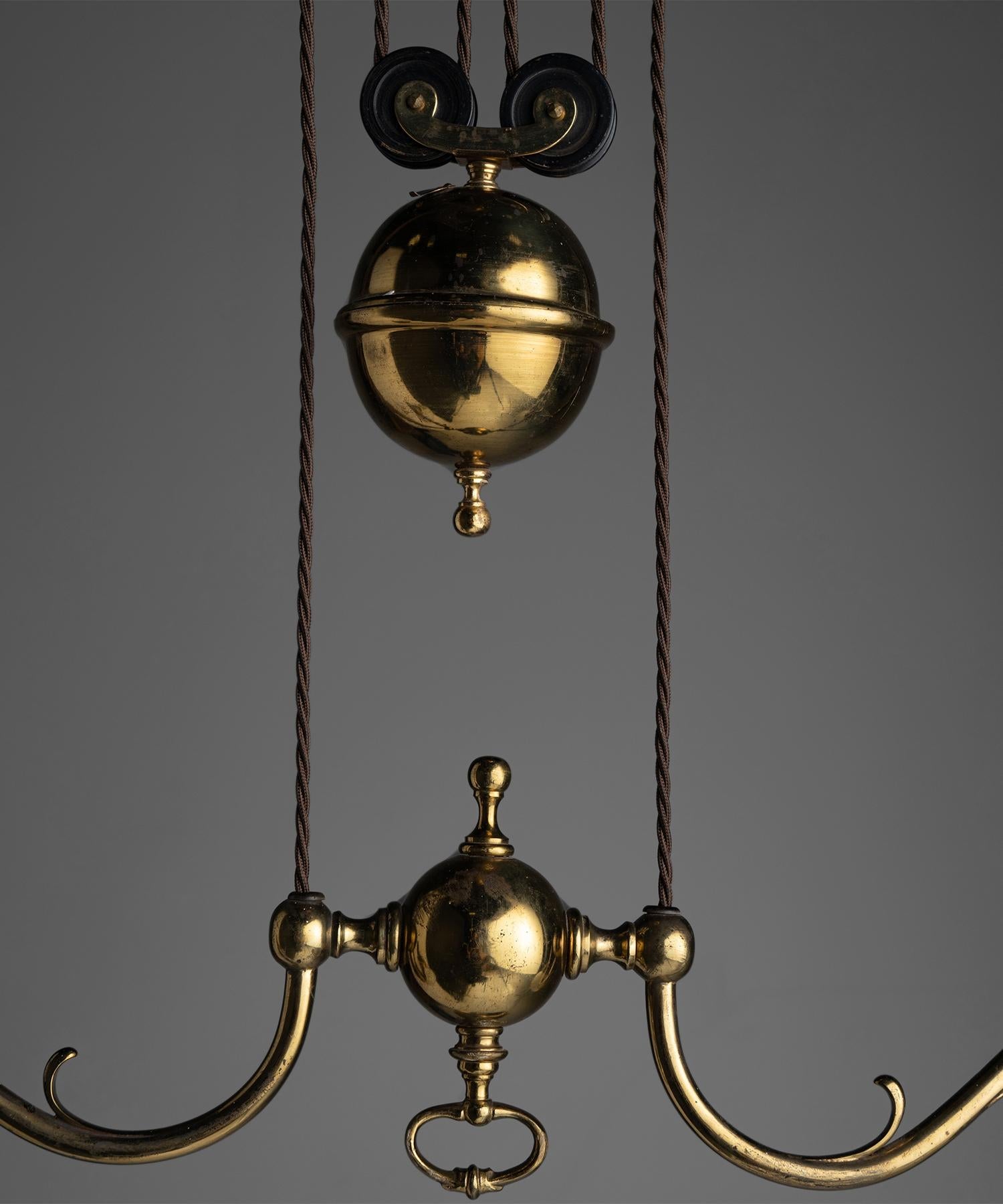 Early 20th Century Rise & Fall Gilt Brass Chandeliers, England, circa 1910