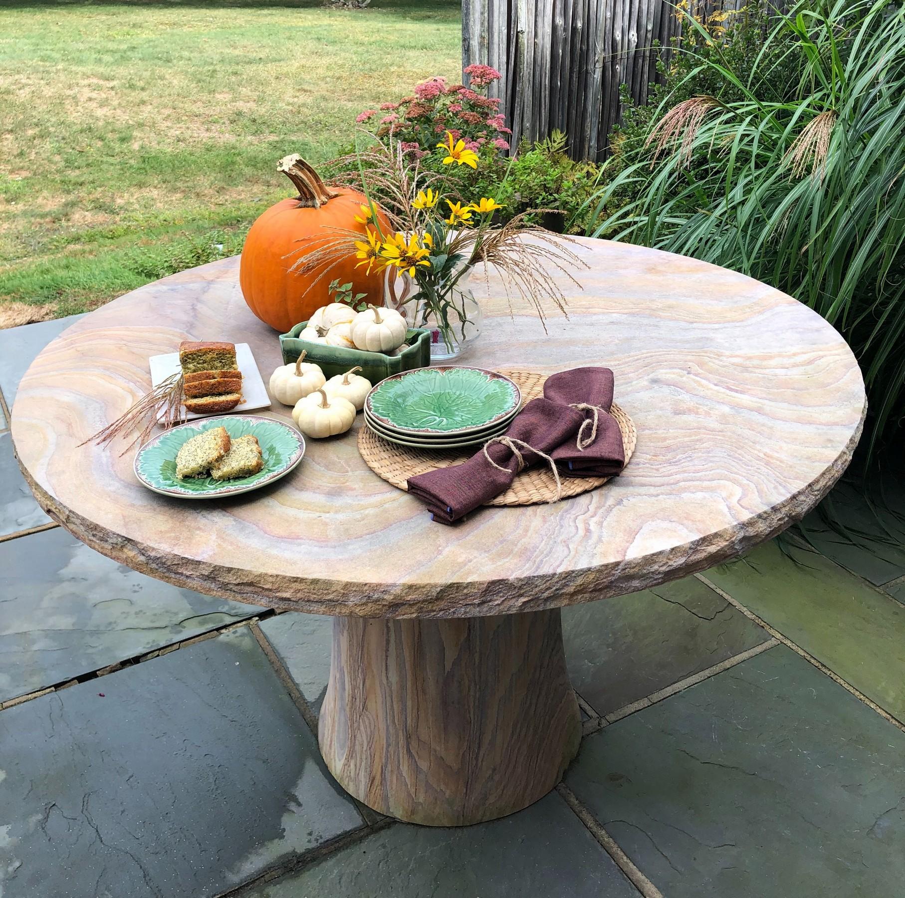 Sandstone Round out-door table, hand-carved sandstone round out-door table by S. Odegard For Sale