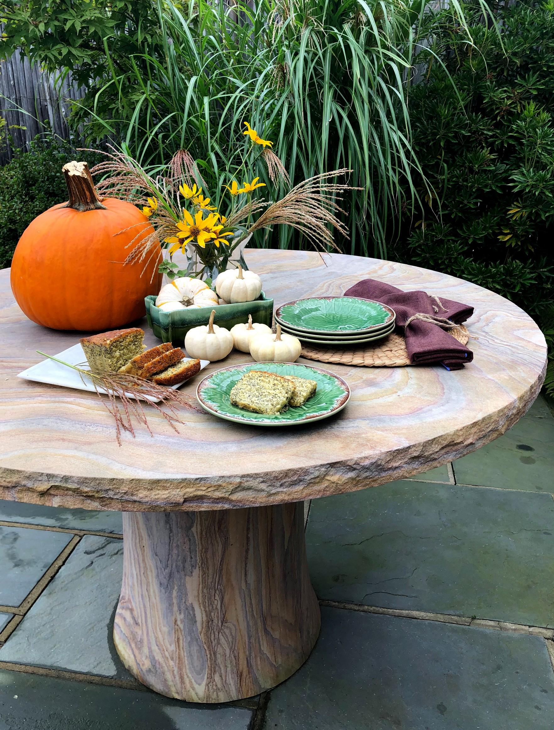 Round out-door table, hand-carved sandstone round out-door table by S. Odegard For Sale 1