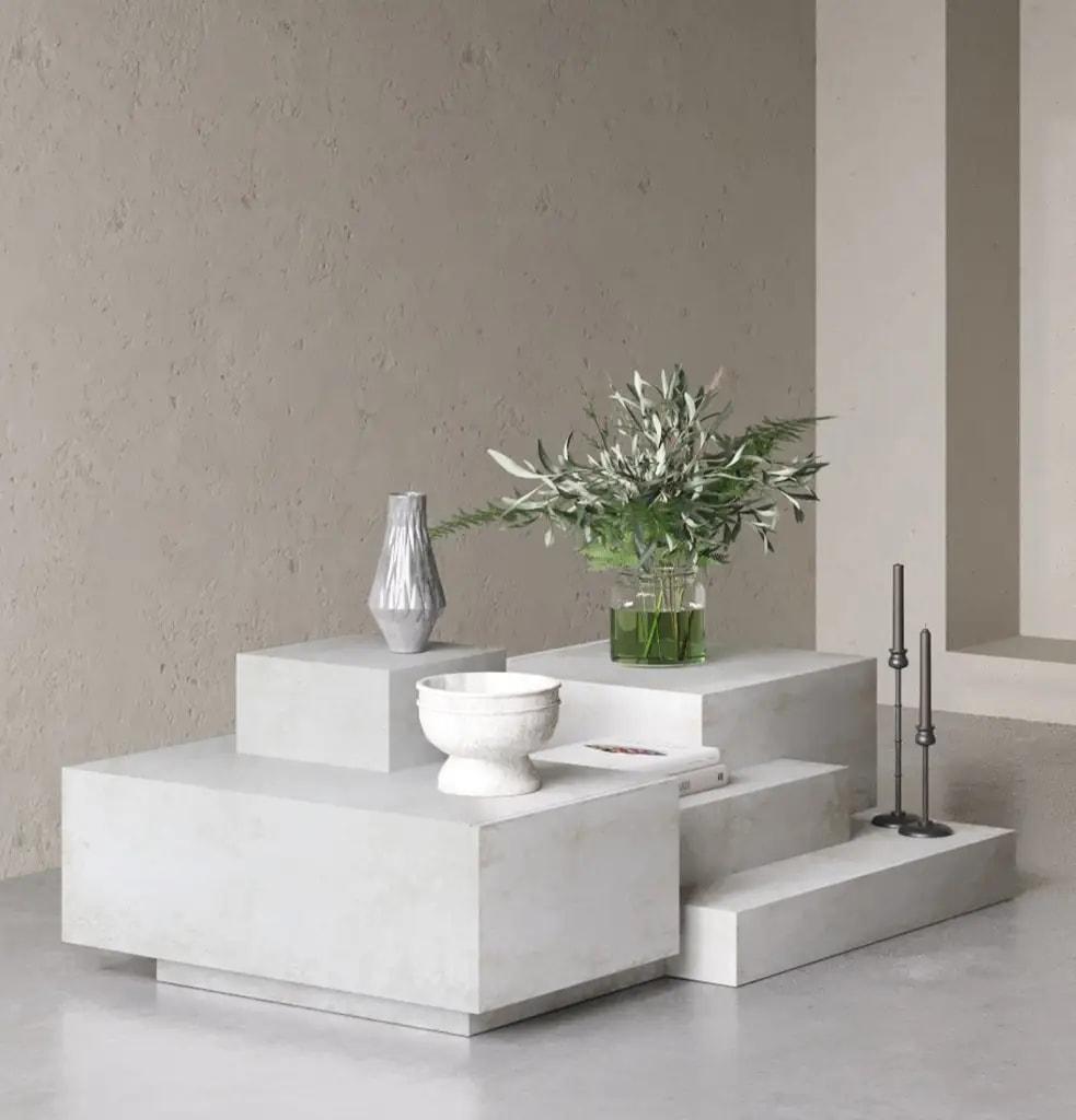 Rise Coffee Table, formed by a simple and sculptural arrangement of rectangular prisms on top of each other, consists of two modules. These two modules fit together depending on the place to be used and its surroundings. Creating an assertive