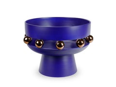 Raised Bowl Vase, Matt Finishing Ultramarine Blue, Spheres Copper Luster, Italy