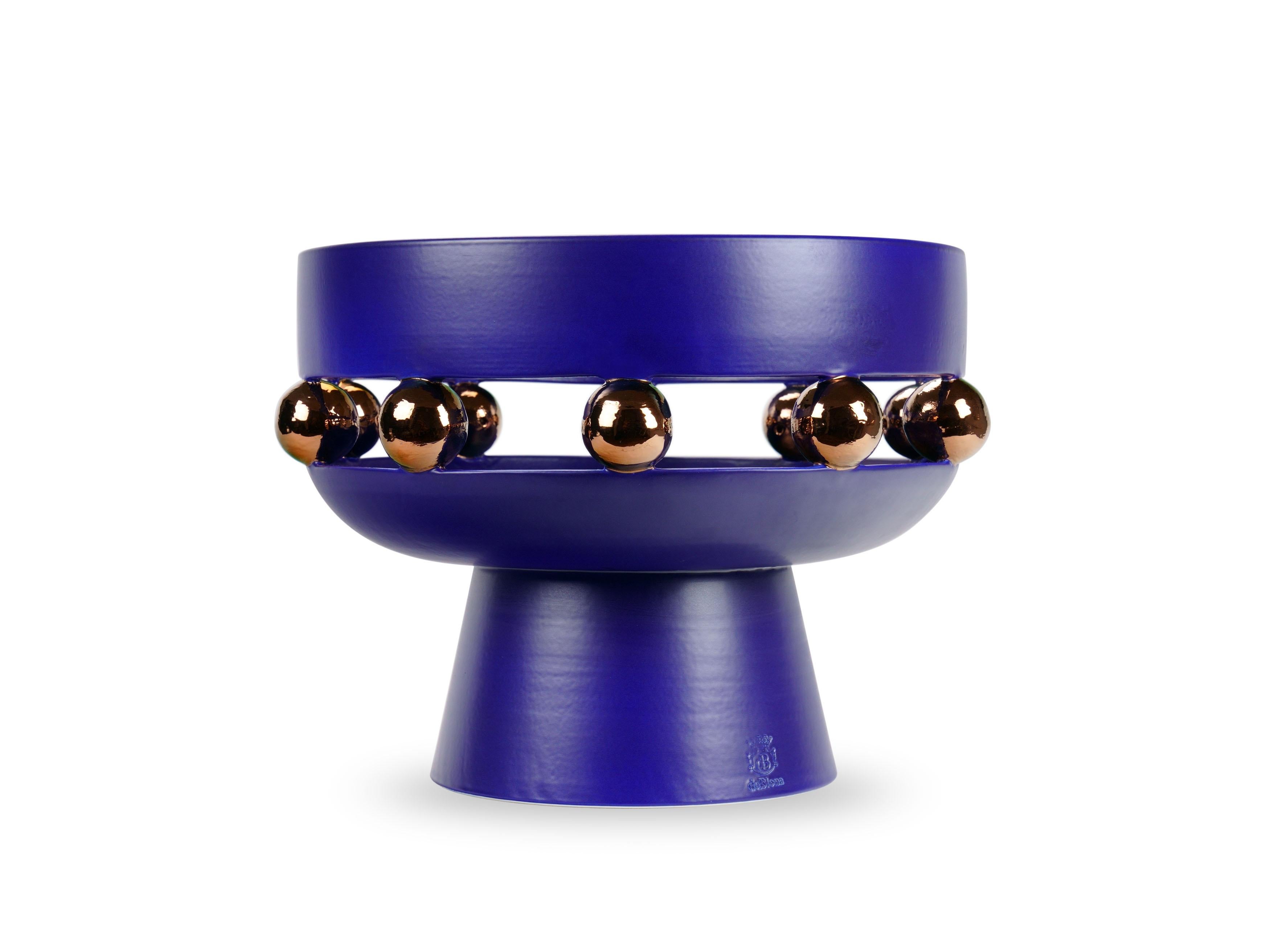 Modern Raised Bowl Vase, Matt Finishing Ultramarine Blue, Spheres Copper Luster, Italy For Sale