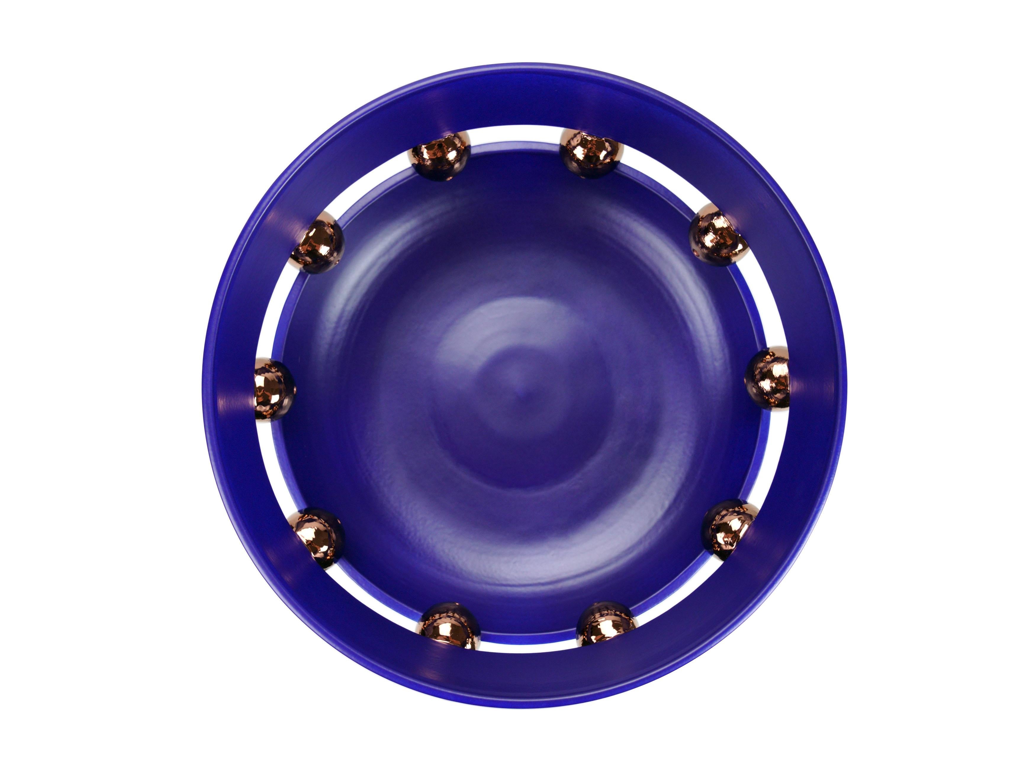 Italian Riser Bowl Vase, Matt Finishing Ultramarine Blue, Spheres Copper Luster, Italy For Sale