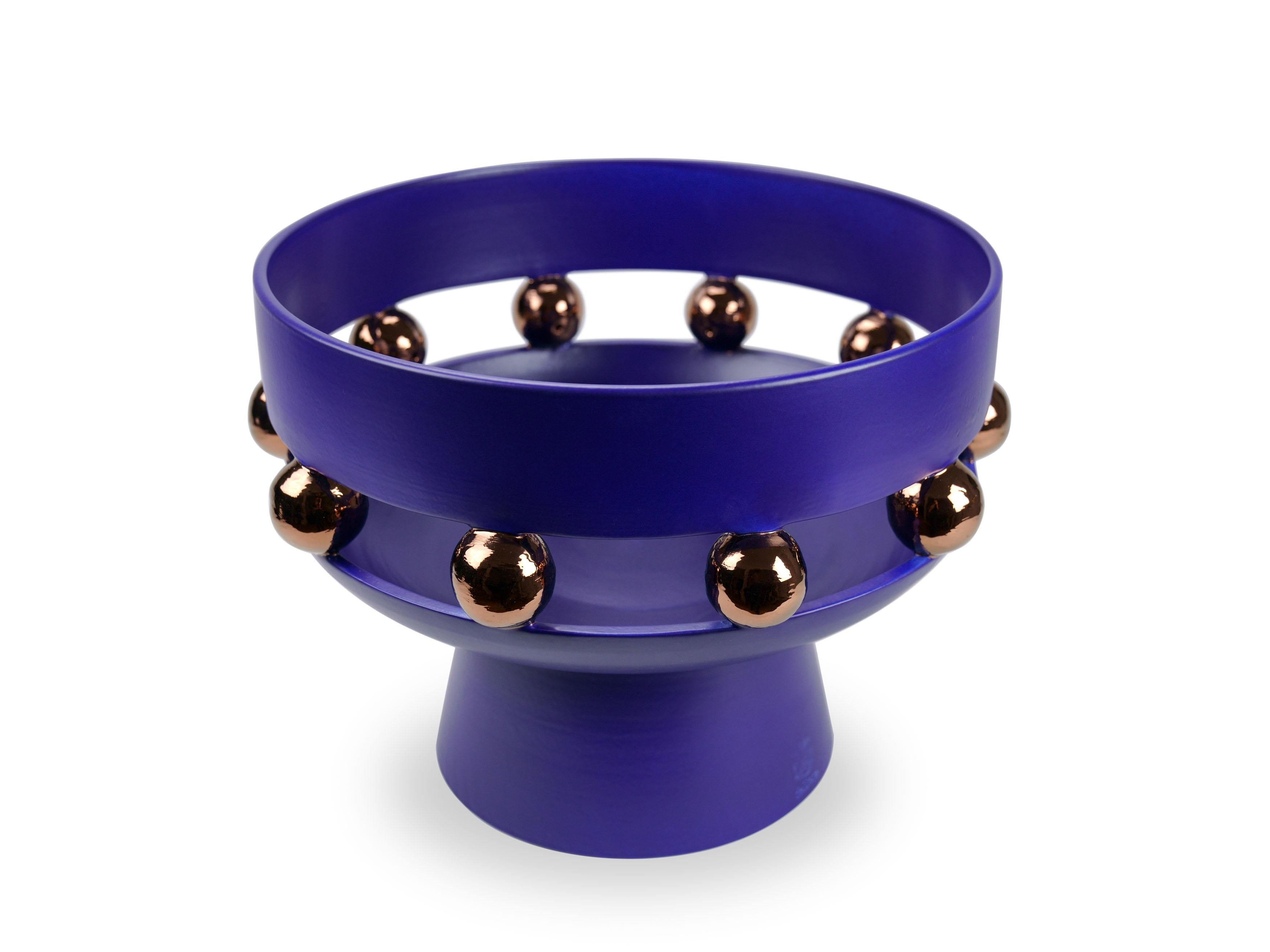 Hand-Crafted Riser Bowl Vase, Matt Finishing Ultramarine Blue, Spheres Copper Luster, Italy For Sale