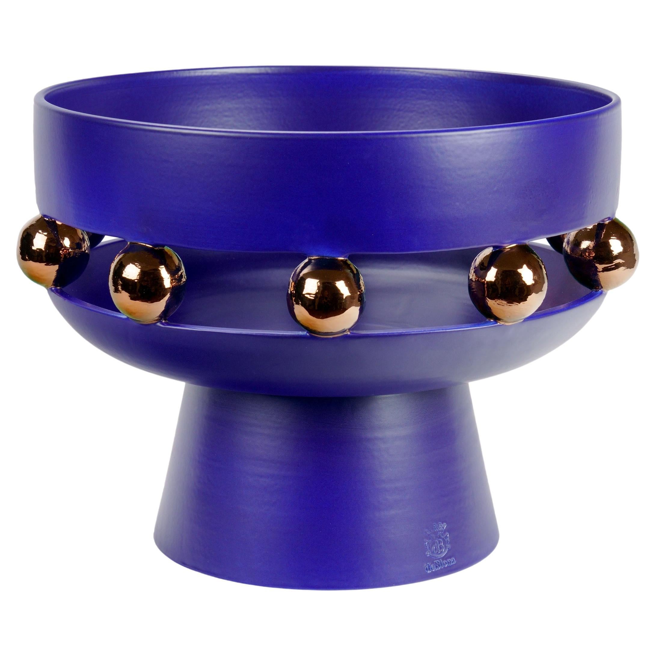 Riser Bowl Vase, Matt Finishing Ultramarine Blue, Spheres Copper Luster, Italy For Sale