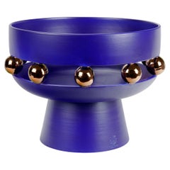 Raised Bowl Vase, Matt Finishing Ultramarine Blue, Spheres Copper Luster, Italy