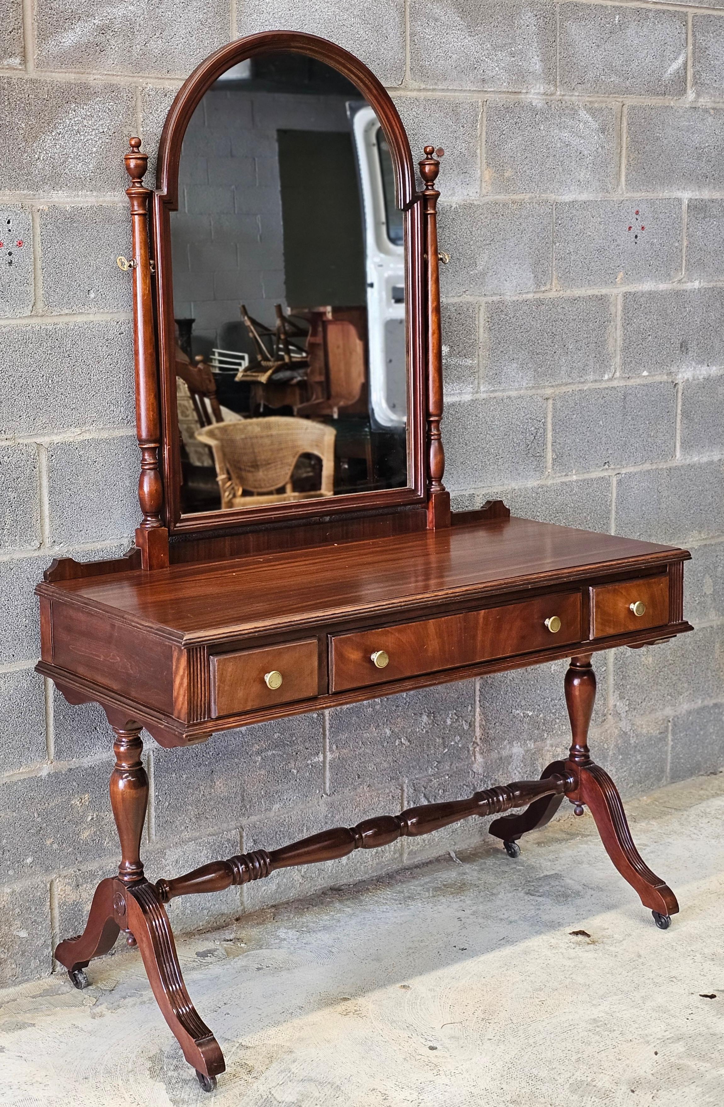 Rishel Furniture Mahogany Rolling Stretcher Mirrored Vanity Dressing Table 7
