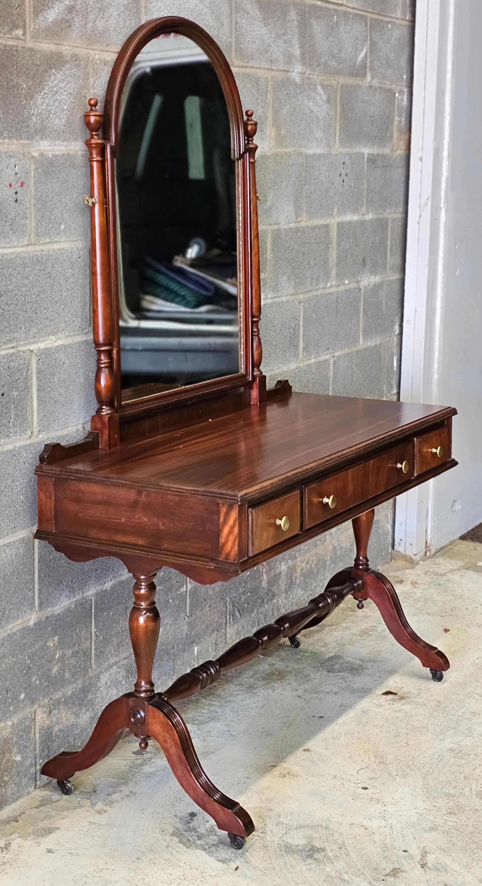 Mid-Century Modern Rishel Furniture Mahogany Rolling Stretcher Mirrored Vanity Dressing Table