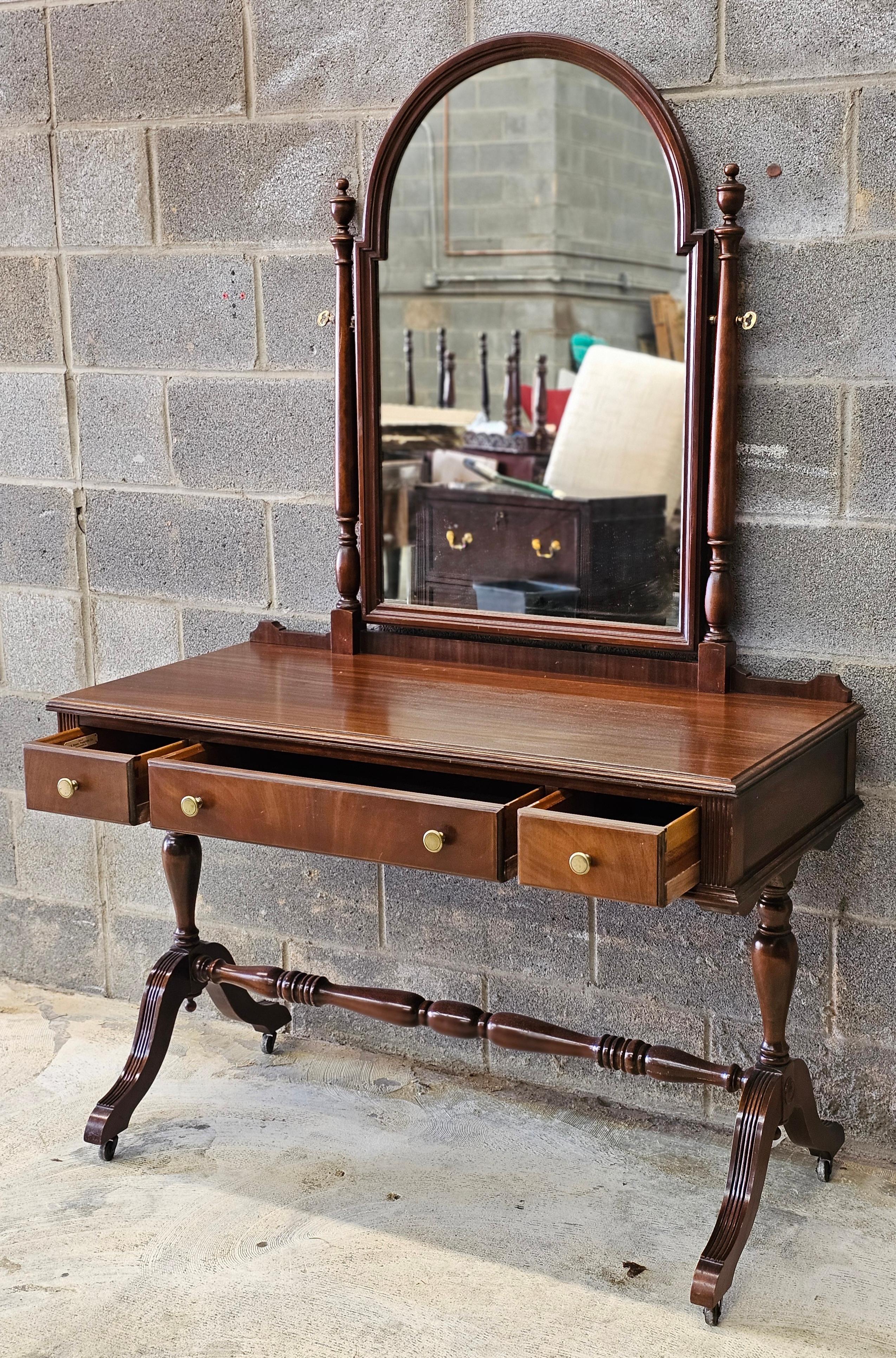 American Rishel Furniture Mahogany Rolling Stretcher Mirrored Vanity Dressing Table