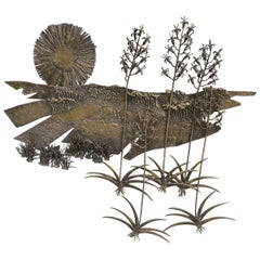 Rising Sun 1960s Wall Art in Gold Metal with Lake, Cane and Flamingo Images