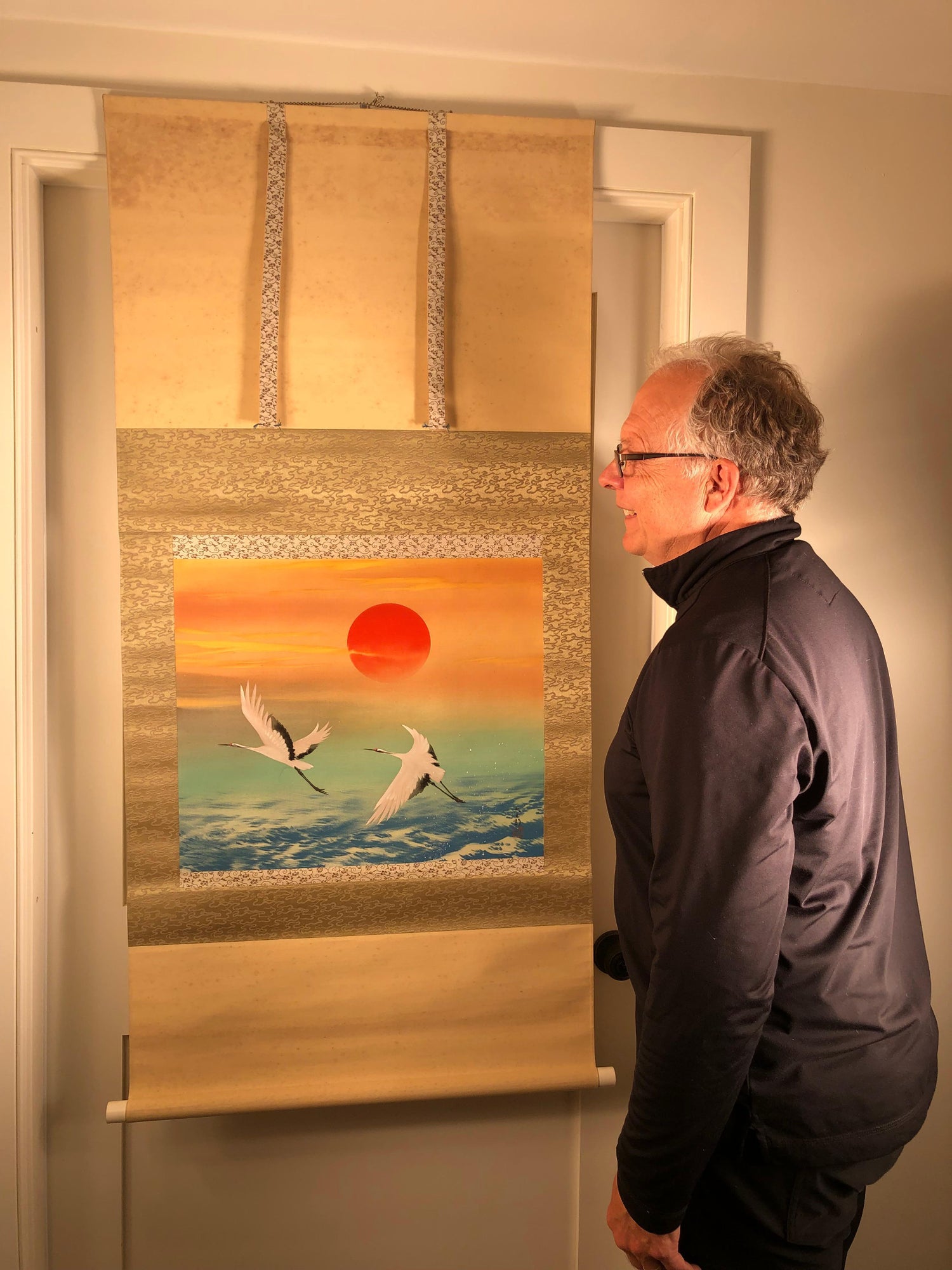 Rising Sun And Two Cranes Japanese Fine Hand Painted Silk Scroll