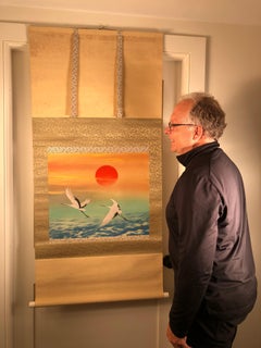 "Rising Sun and Two Cranes" Japanese Fine Hand Painted Silk Scroll, Small Size