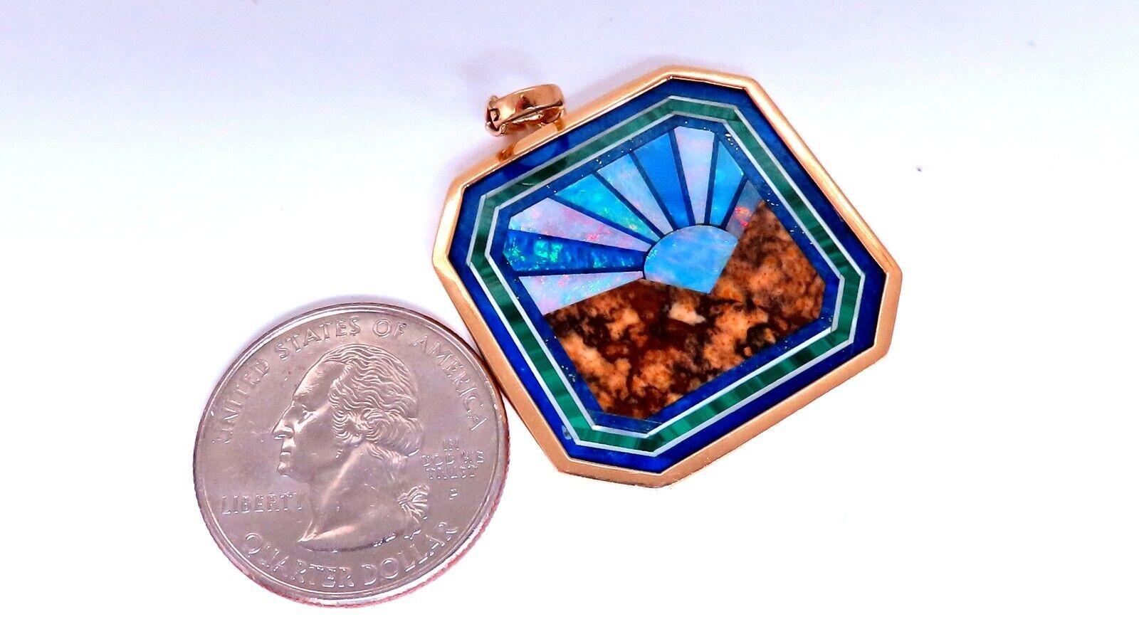 Rising Sun Mosaic Inlay Pendant

Carved Opal, Malachite, Lapis, amd Tiger-eye

Pendant Overall Measurement: 31 x 31mm

14kt. yellow gold

Grand weight: 8.4 grams