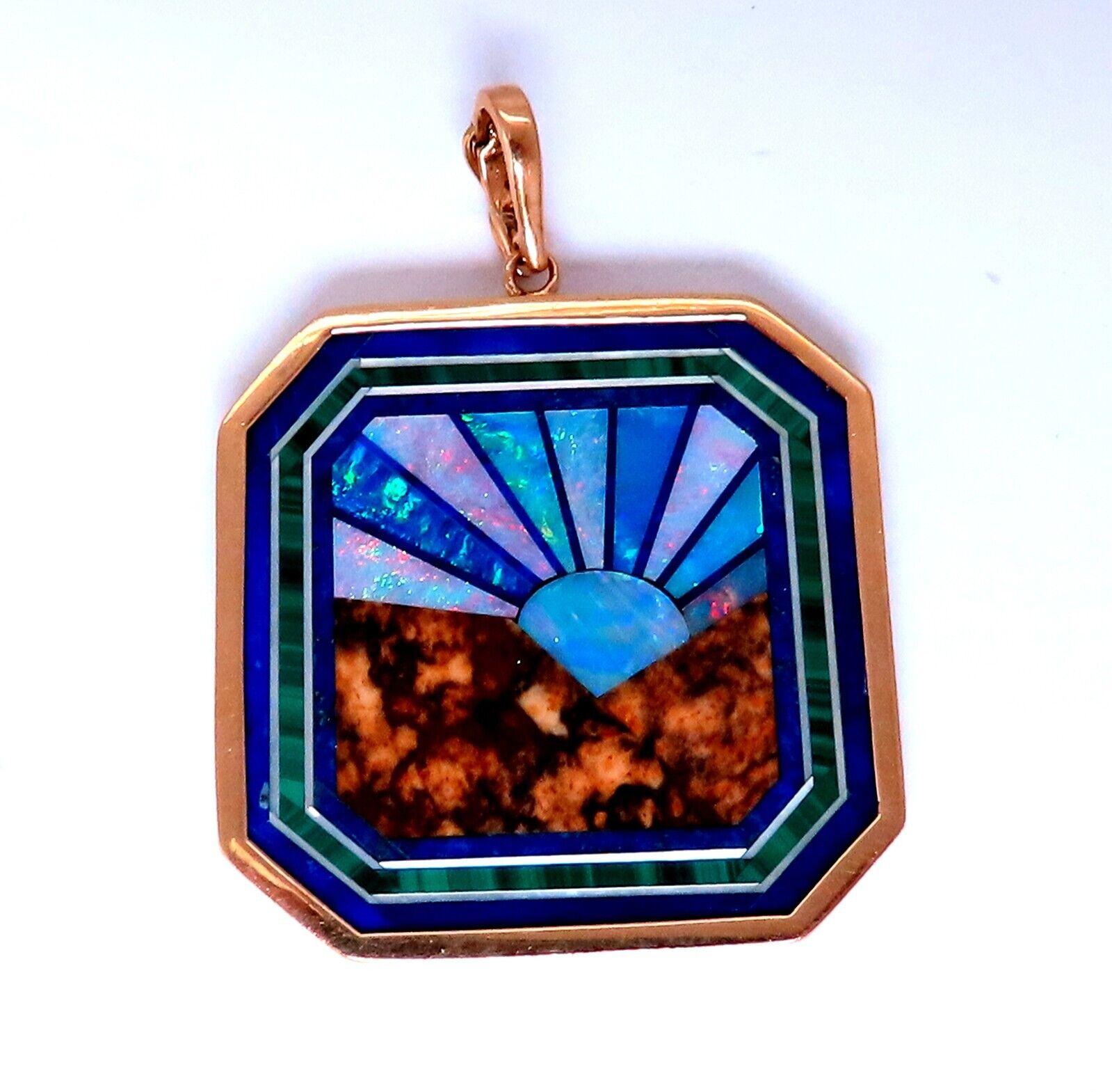 Rising Sun Pietra Dura Inlay Opal Malachite Lapis Pendant 14kt Gold In New Condition For Sale In New York, NY