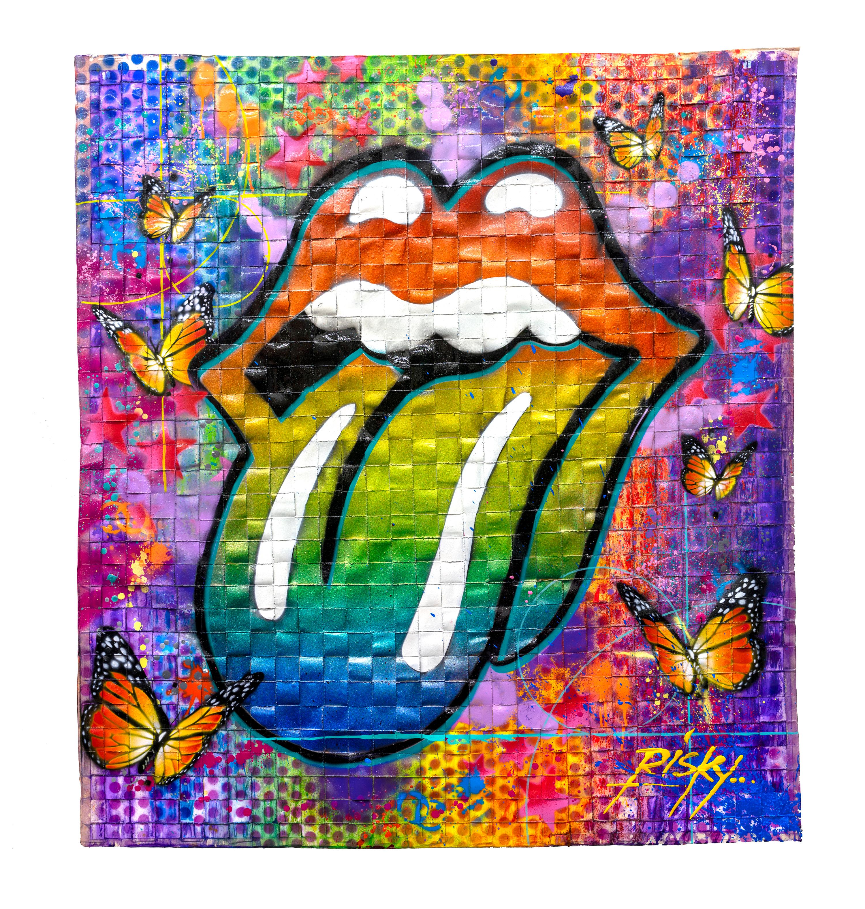 "Rolle Risky" Art de rue encadré en Mixed Media coloré des Rolling Stones