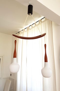 Mid-Century Modern wood and glass Chandelier by Rispal 1960s, Scandinavian style