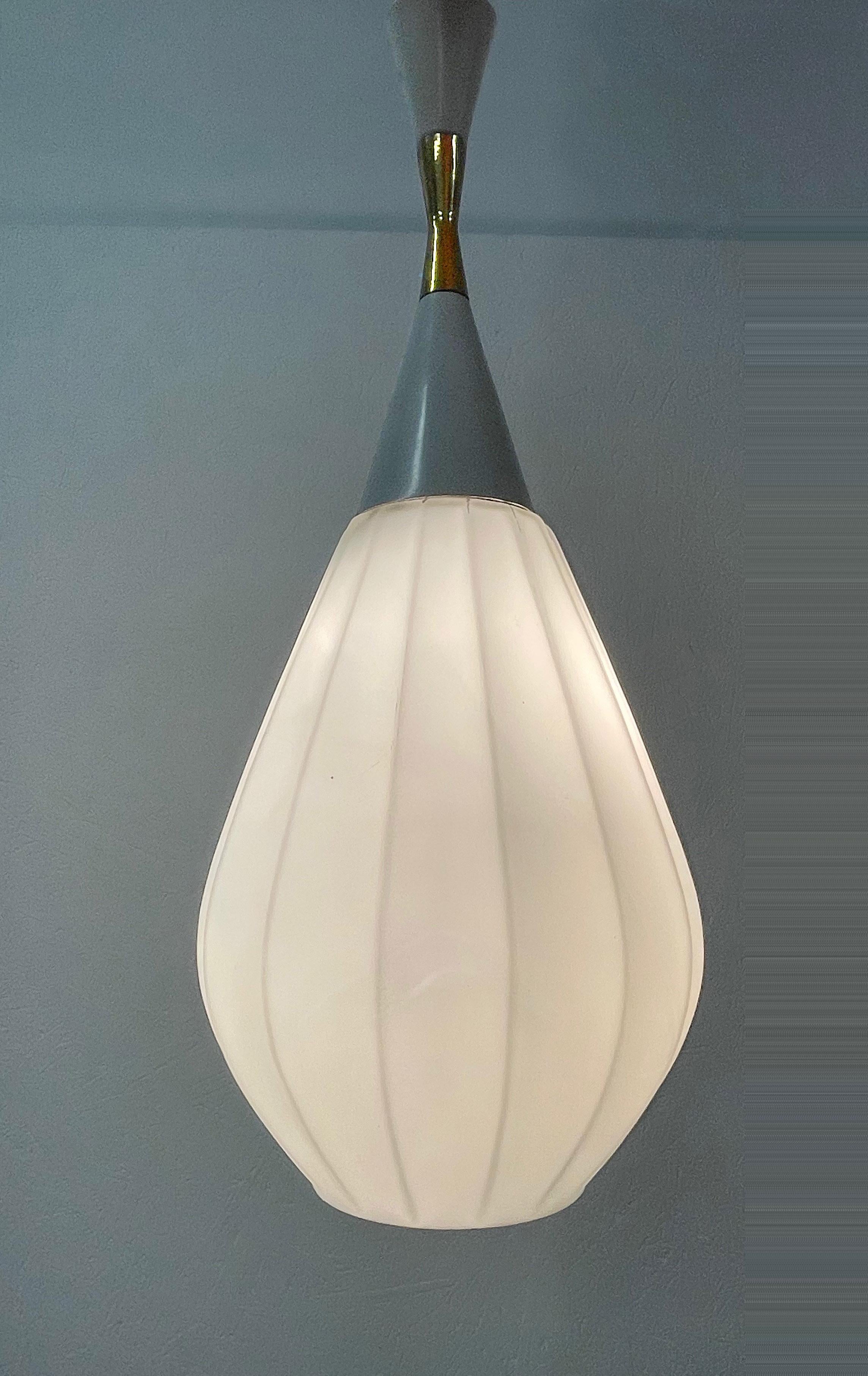 Rispal Midcentury French Drop-Shaped Opaline Glass and Brass Chandelier, 1950s For Sale 1