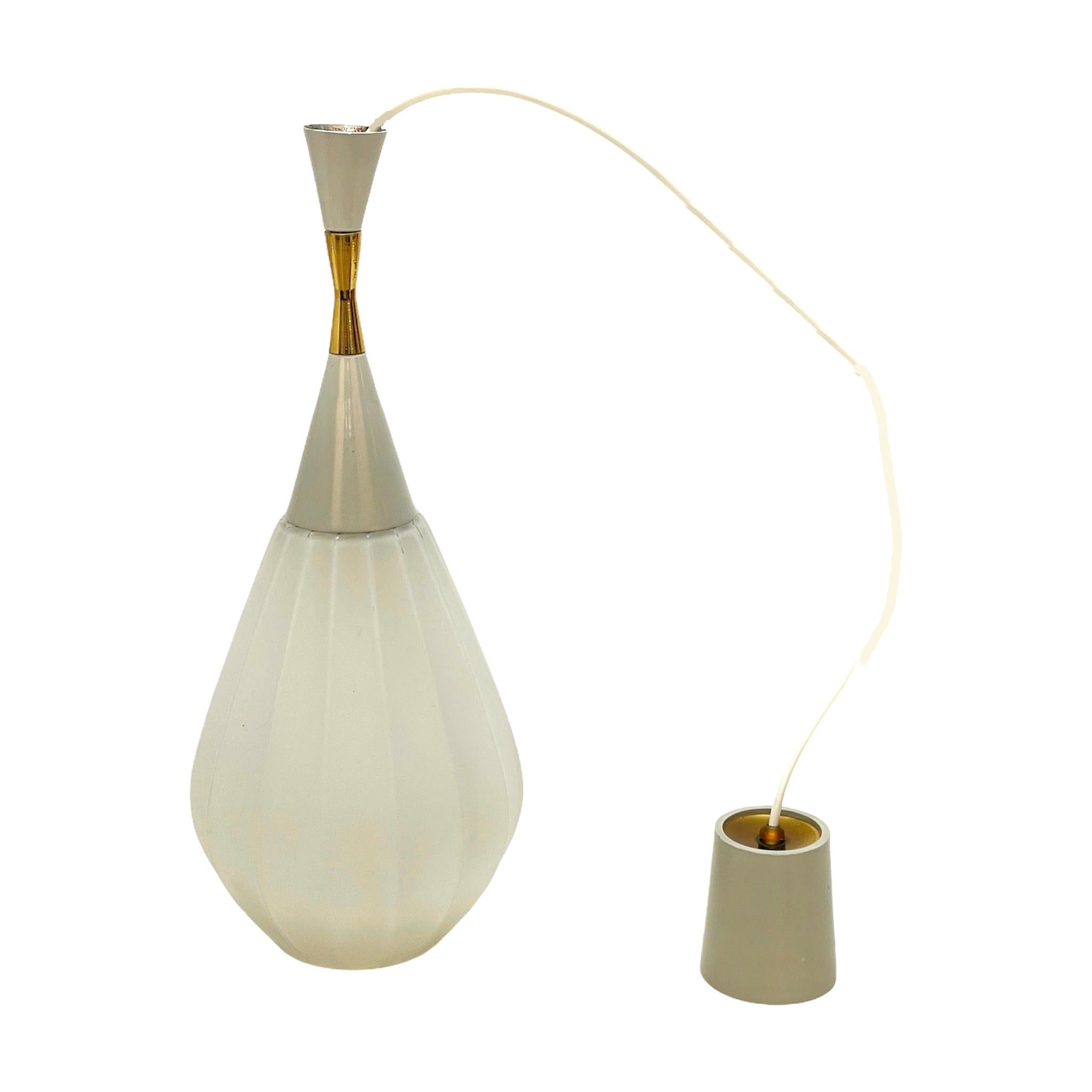 Rispal Midcentury French Drop-Shaped Opaline Glass and Brass Chandelier, 1950s