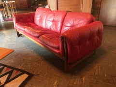 Risto Halme "Milano" Red Leather & Rosewood Sofa Manufactured by Peem Oy Finla