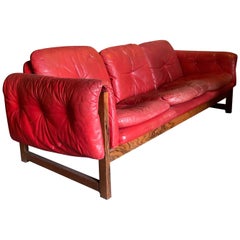 Risto Halme "Milano" Red Leather & Rosewood Sofa Manufactured by Peem Oy Finla