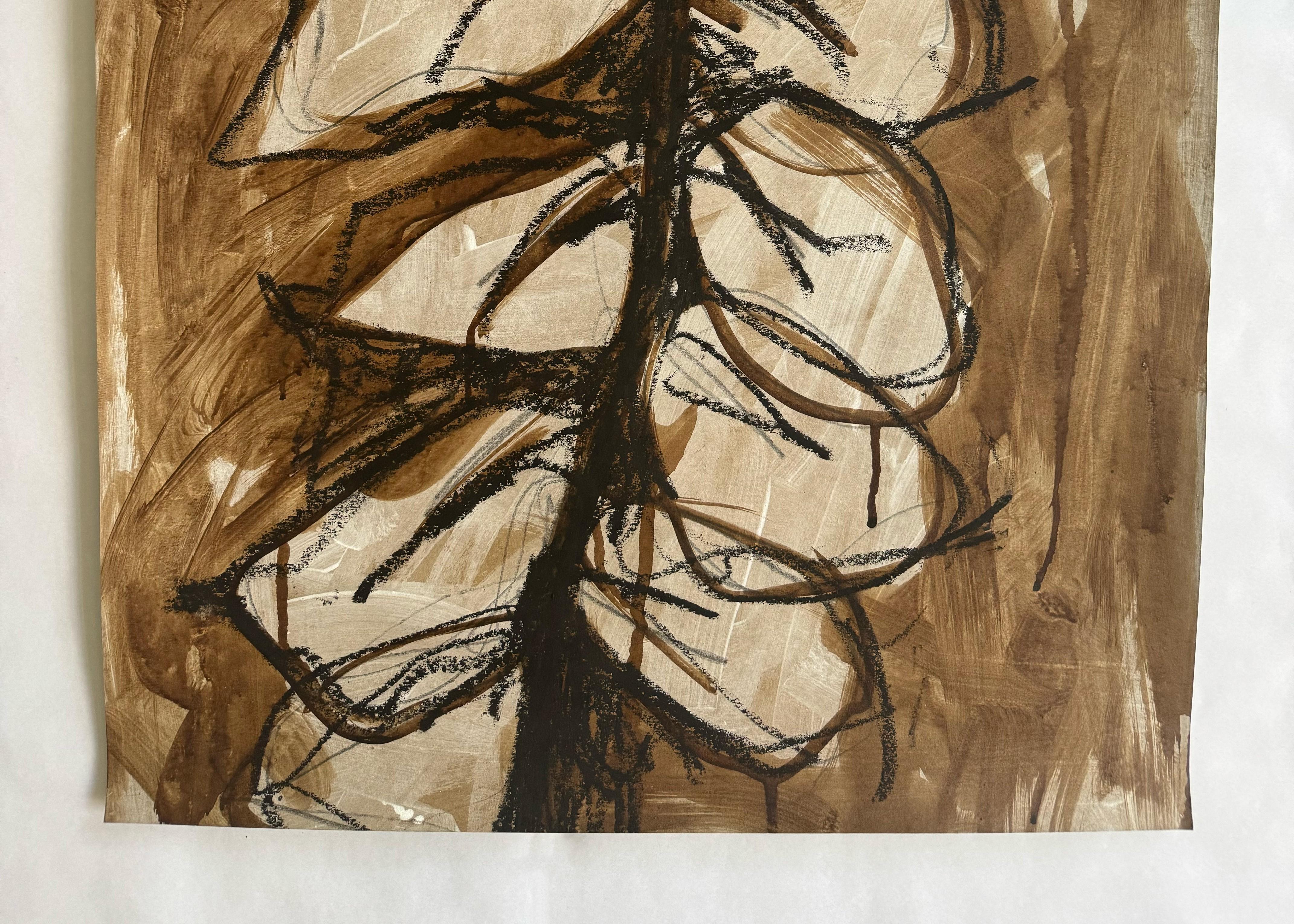 Avec Trouvé, Alaoui prolonge la trajectoire entamée avec Objets Trouvés et Anamorphia. Utilisant du papier kraft comme support, elle combine des lignes noires audacieuses et des gestes acryliques blancs pour rendre des formes ressemblant à des