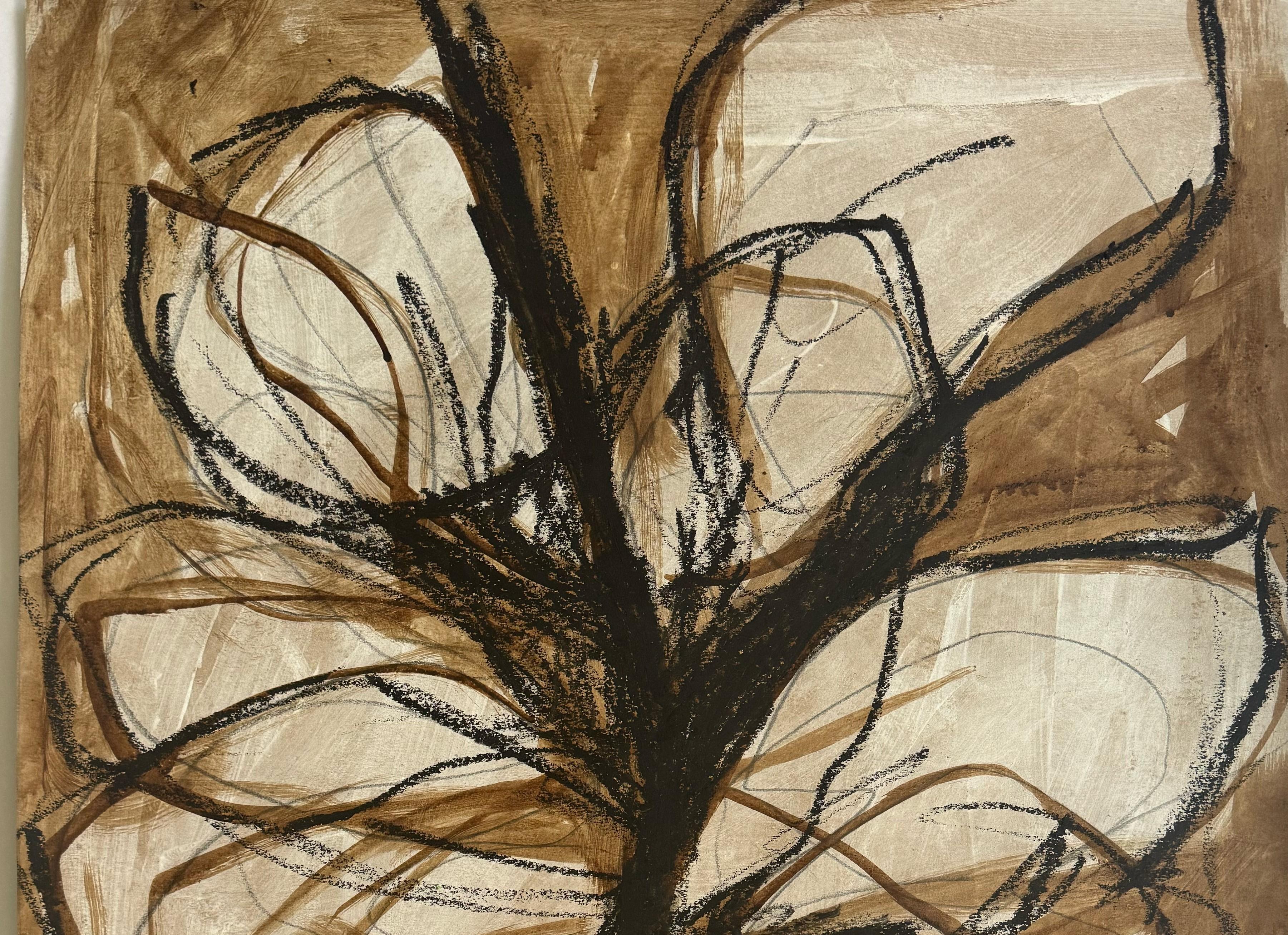 Feuilles N6. Mixed Media - Beige Abstract Drawing by Rita Alaoui