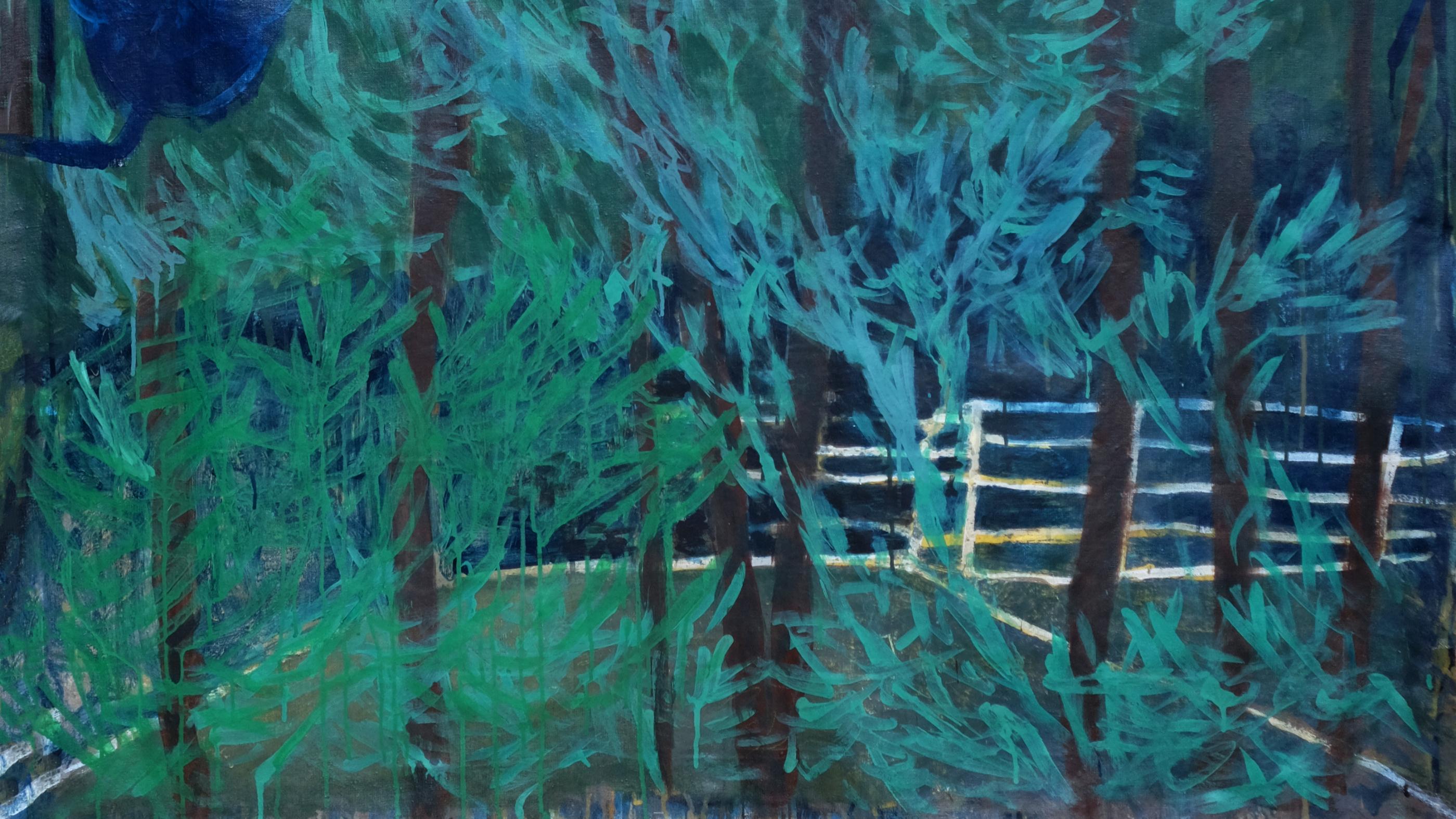 Garten#14 - Paysage à la barrière. Farbige Malerei (Blau), Abstract Painting, von Rita Alaoui
