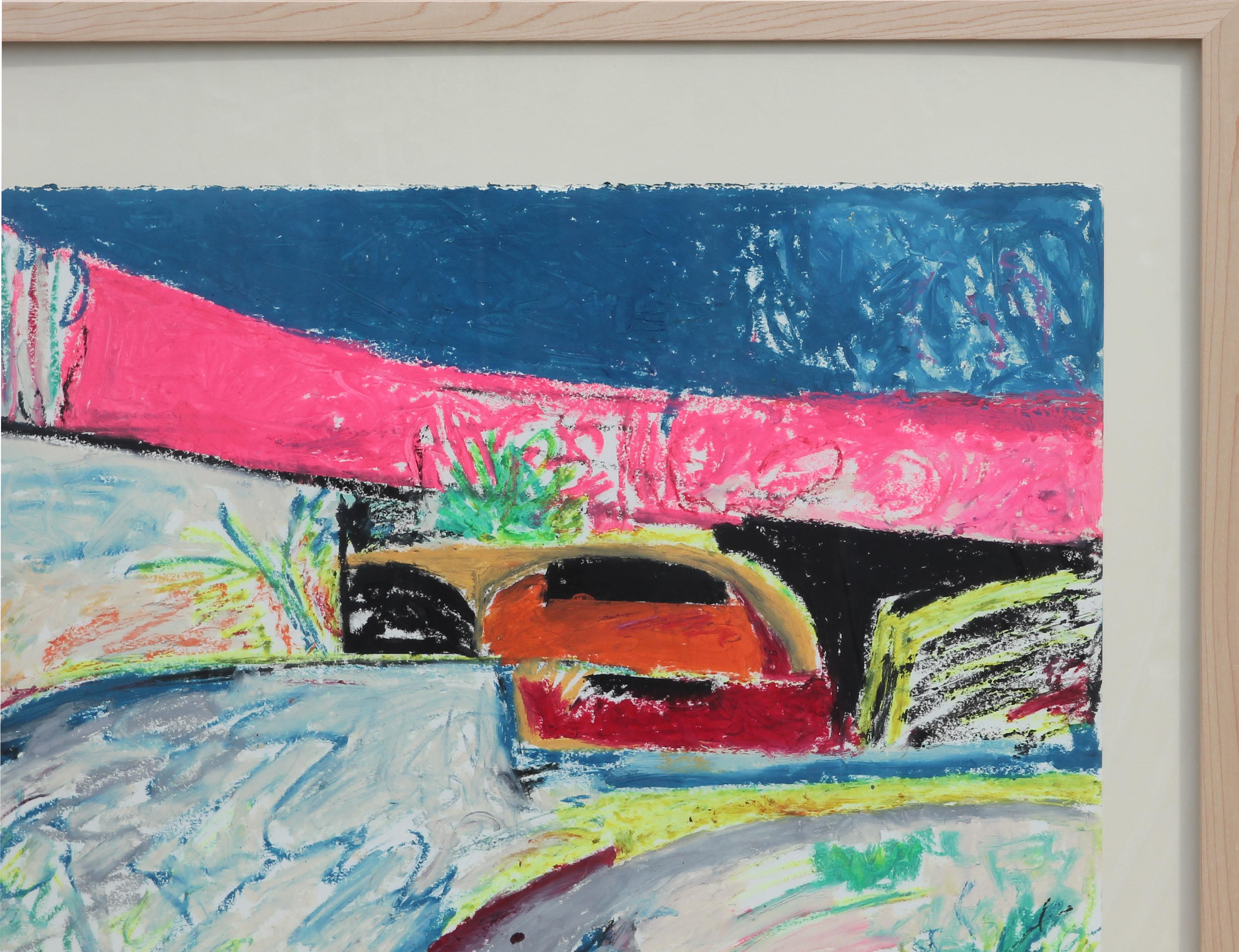Abstract colorful blue and pink pastel Texas landscape painting made with cattle markers by artist, Rita Blasser. Signed by the artist in the bottom left corner. The piece is displayed floating behind glass in a natural light wood frame.