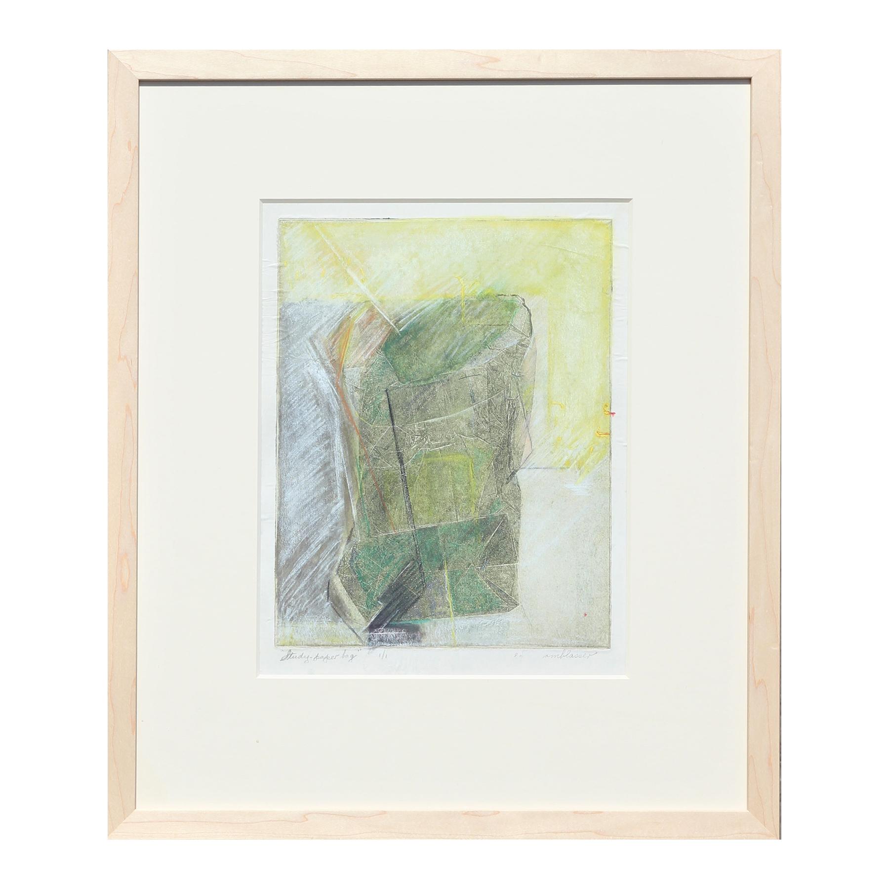 Rita Blasser Abstract Print - "Study - Paper Bag" Abstract Green and Neutral Toned Print