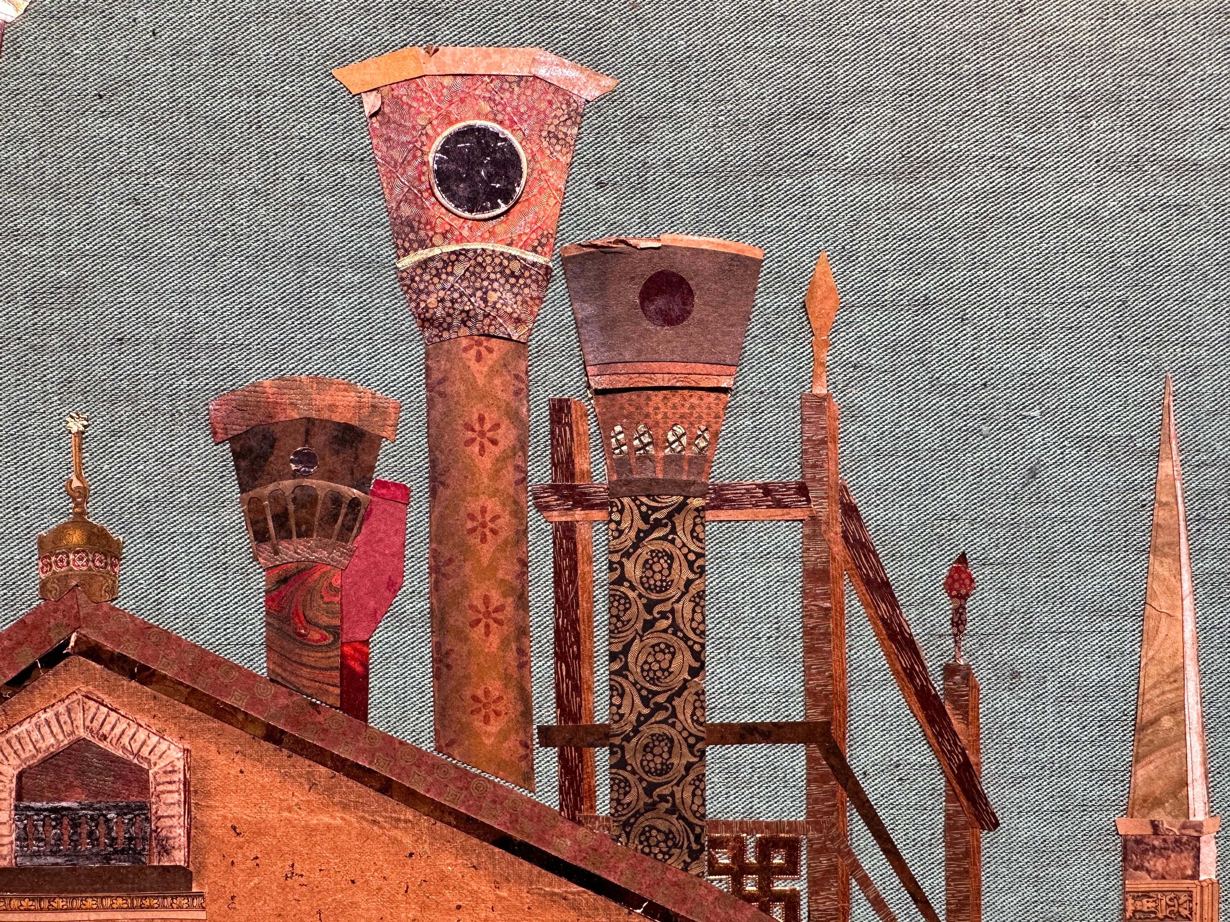 Rita Boley Bolaffio (de soltera Luzzatto; Trieste, Italia, 7 de junio de 1898 - Nueva York, Estados Unidos, 20 de mayo de 1995. Azoteas Surrealistas. Collage sobre tela, medidas 19 x 34 pulgadas enmarcado. La obra está en muy buen estado. Las tiras