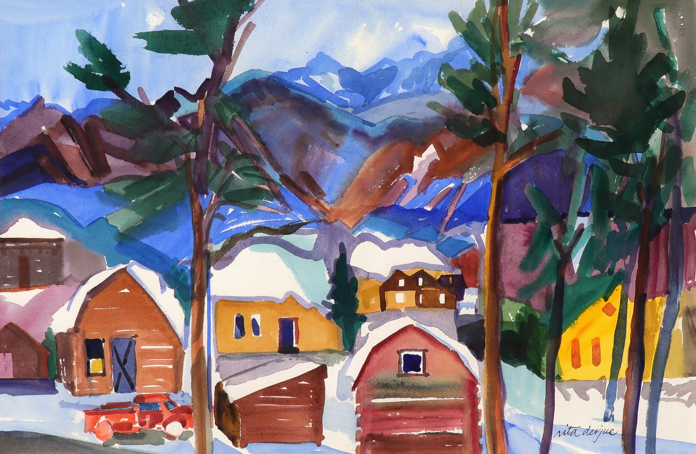 Paisaje invernal de montaña de Colorado Pintura en acuarela, azul, naranja, morado - Painting de Rita Derjue