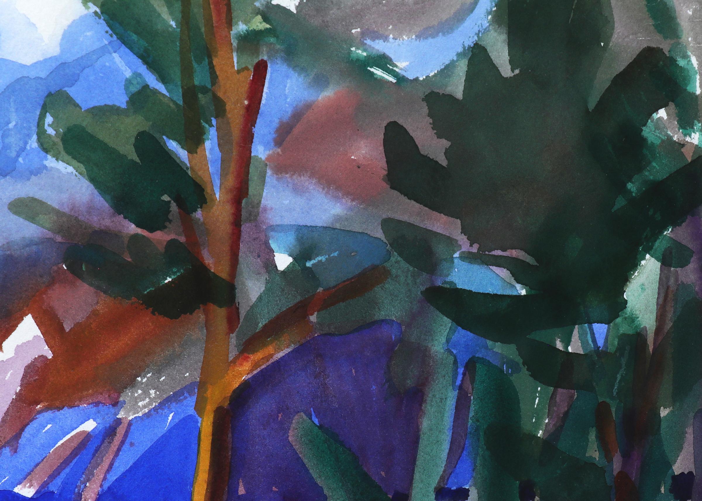Acuarela de paisaje montañoso de Colorado firmada por la artista Rita Derjue (1934-2020) que representa Cabañas en la nieve en tonos brillantes de azul, amarillo, verde y rojo/marrón.  Firmado por el artista en la esquina inferior derecha.