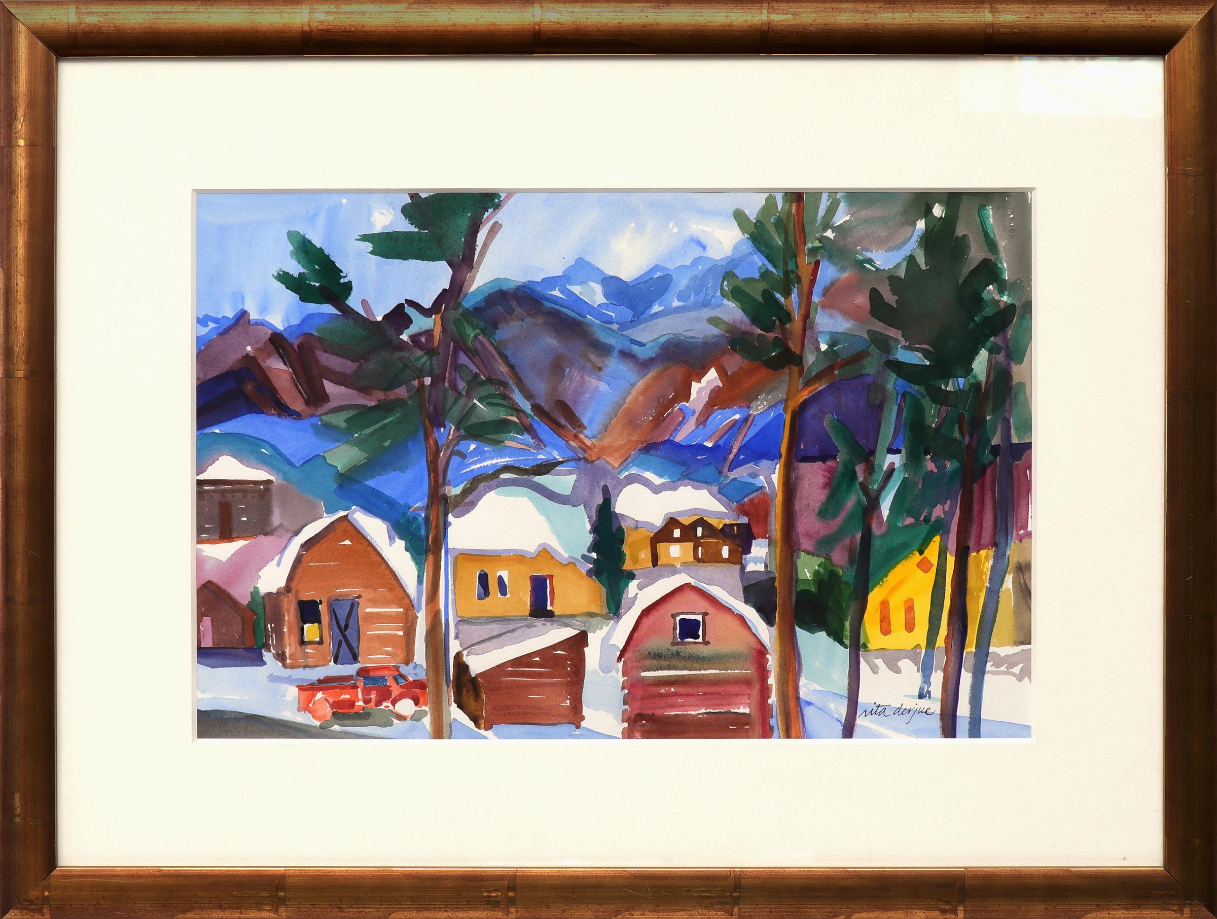 Colorado Mountain Winter Landscape Watercolor Painting, Blue, Orange, Purple
