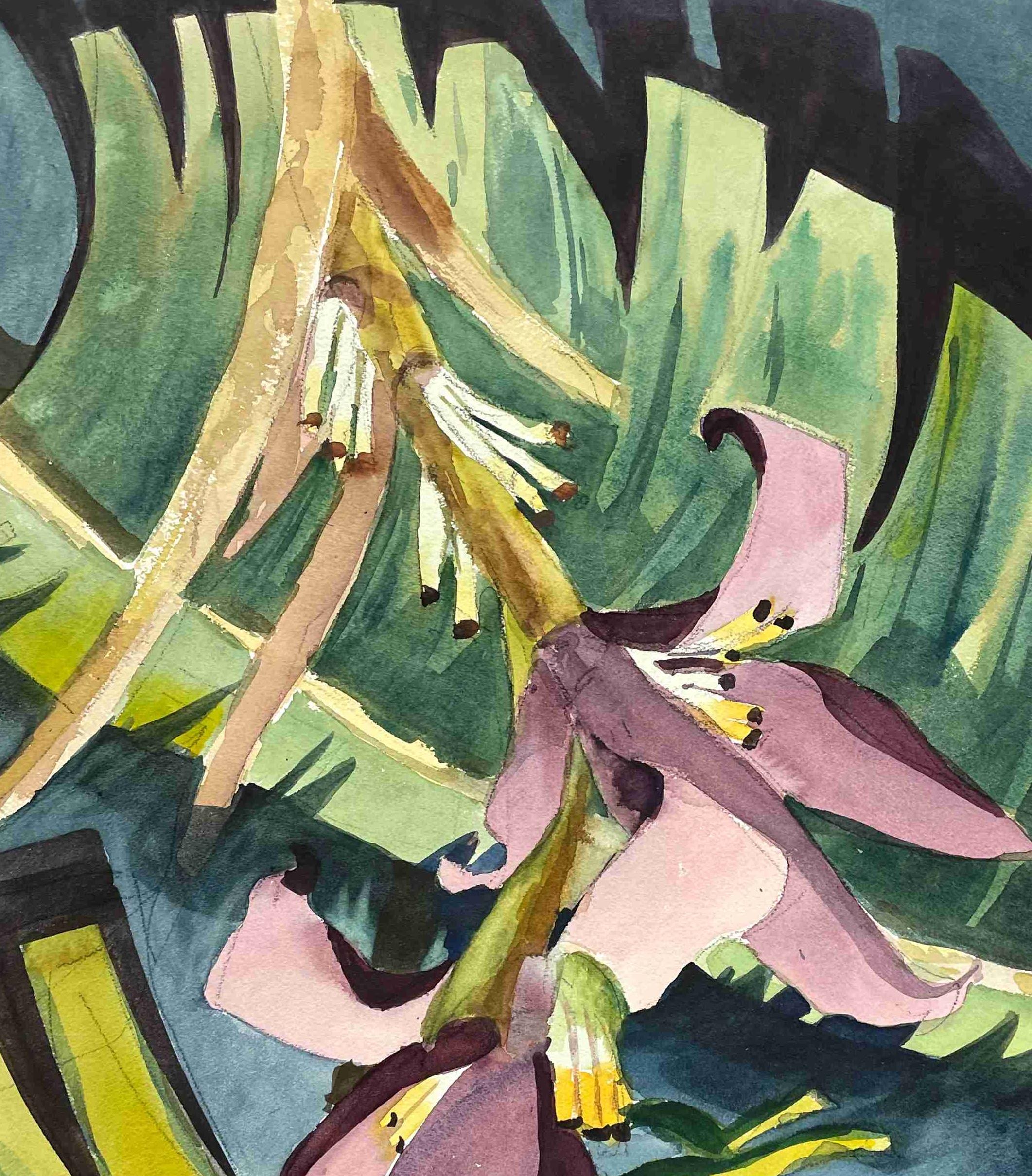 A Stunning ca. 1950s Cubist Watercolor of Irises by Rita Duis (Astley-Bell) For Sale 1