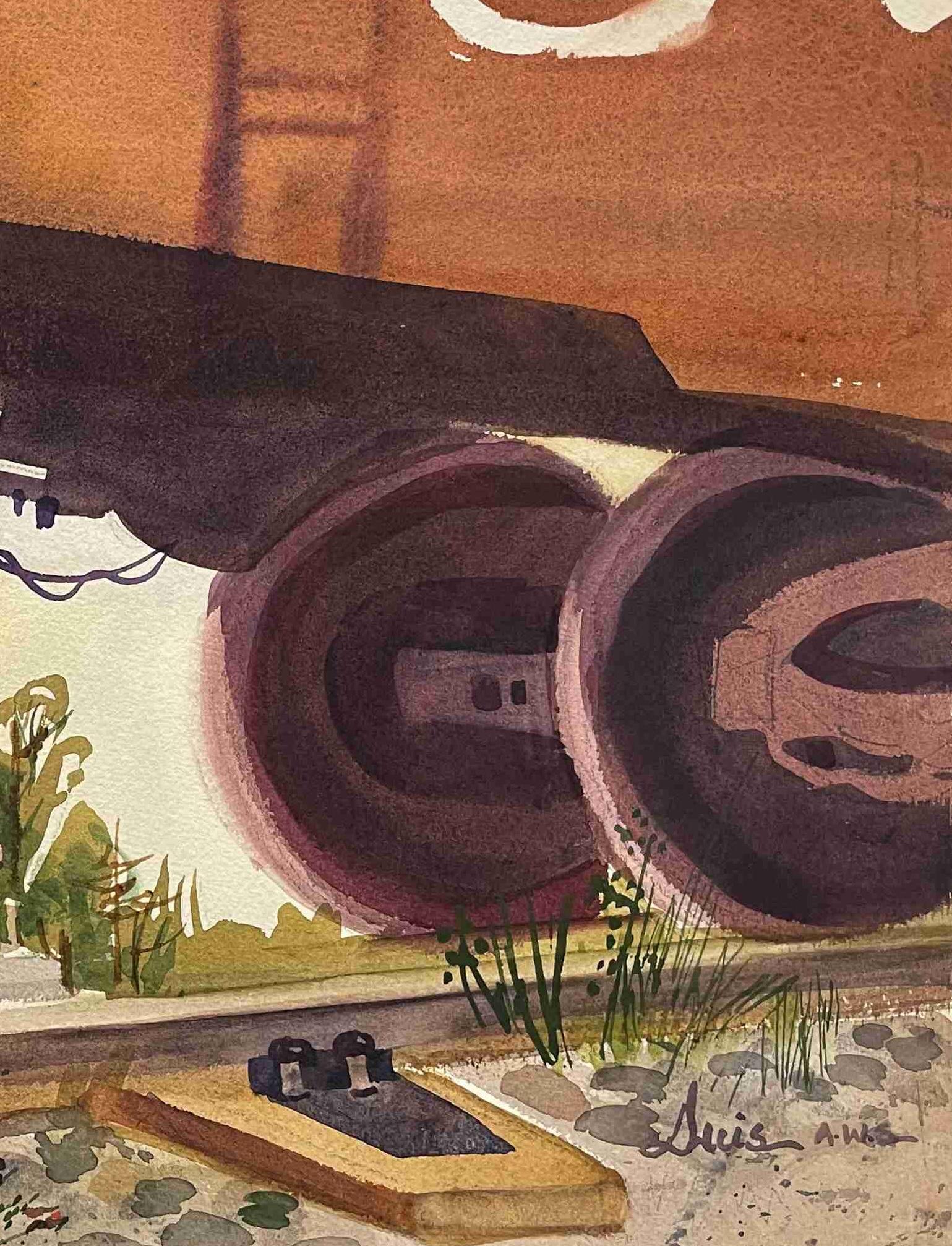 Ca. Acuarela de los años 50 titulada Canadian National RR at Antigonish por Rita Duis - Painting moderno estadounidense de Rita Duis (Astley-Bell)