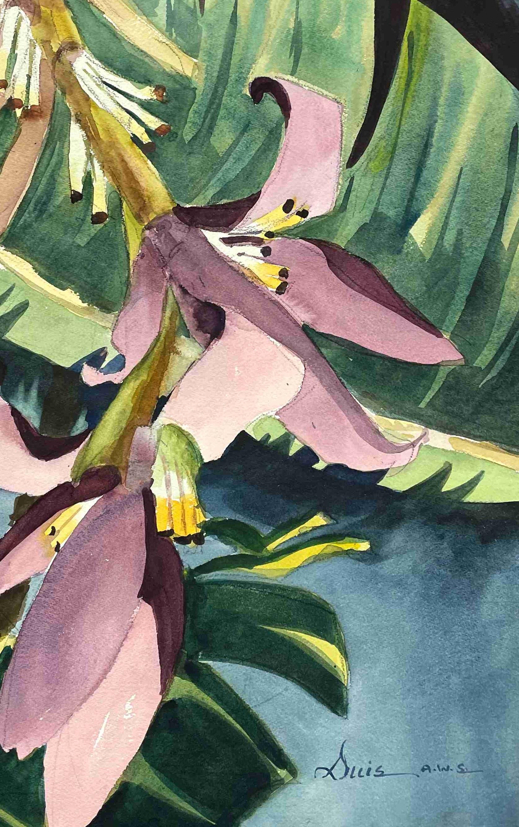 A stunning Cubist watercolor on paper of purple irises by Chicago and New York artist Rita Duis (Astley-Bell).  Archivally matted to30