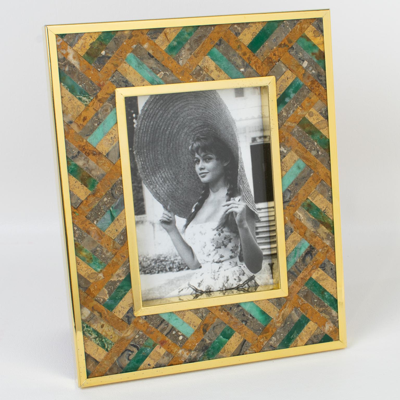 Modern Rita Frascione Firenze Gilt Brass and Stone Marquetry Picture Frame, 1980s For Sale