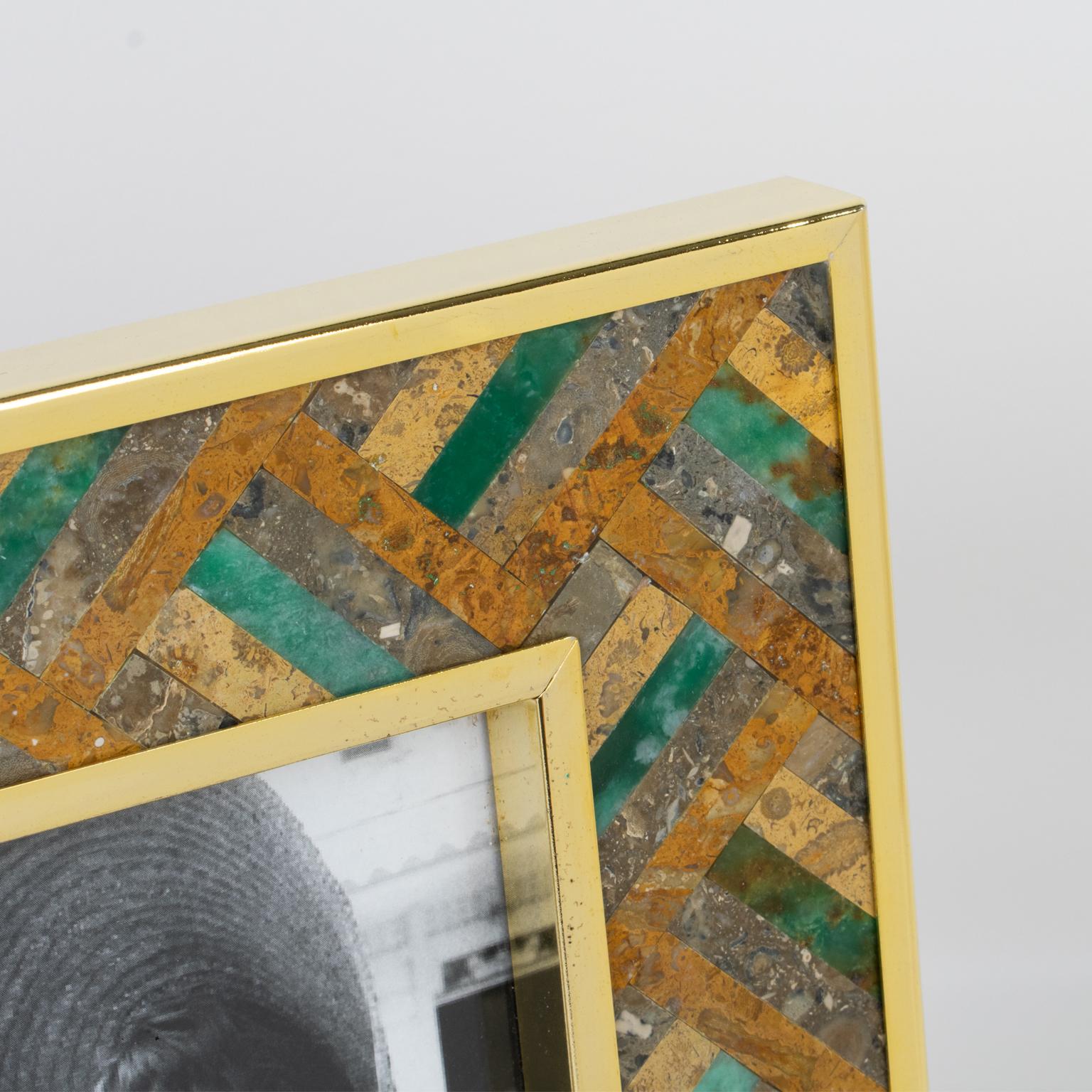 Rita Frascione Firenze, Bilderrahmen aus vergoldetem Messing und Stein mit Intarsien, 1980er Jahre (Metall) im Angebot