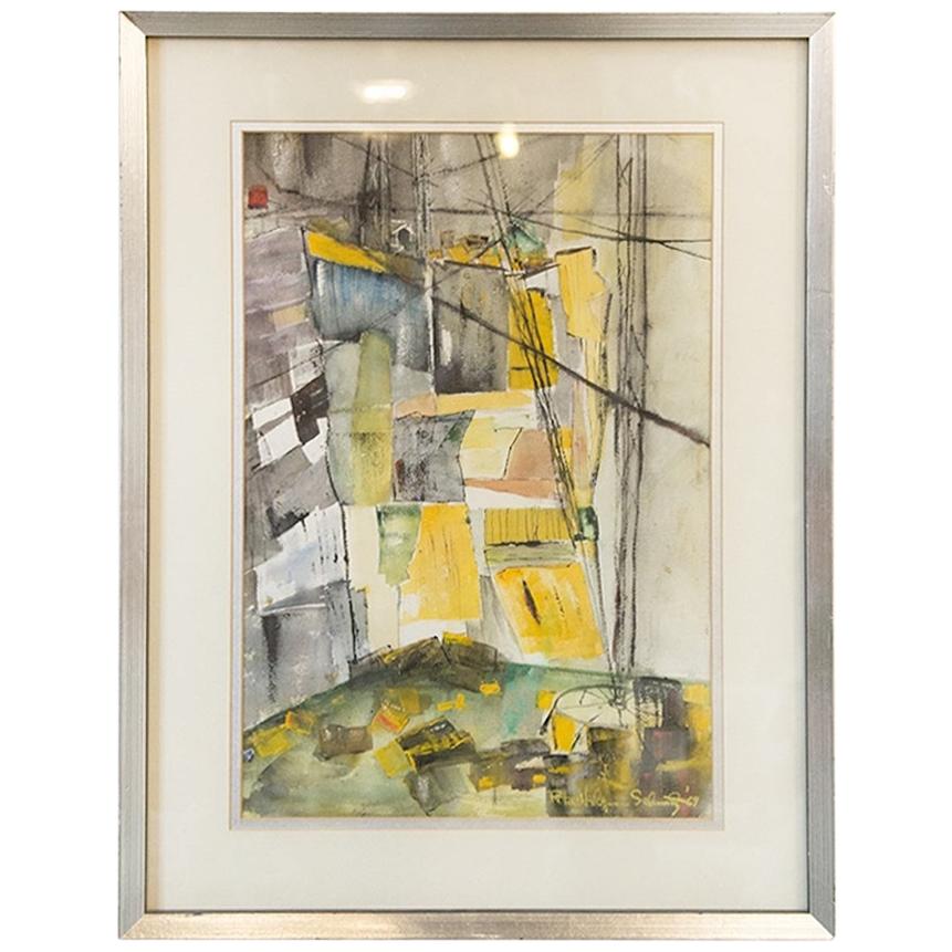 Rita Holtzman Schwartz, Watercolor and Ink Abstract, "Stone Quarry on a Sunday"